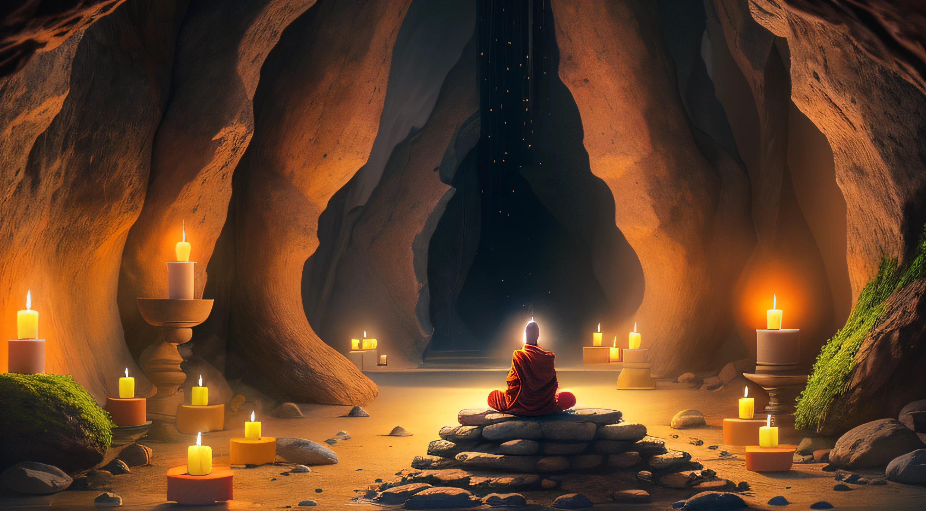 a person sitting in a cave with candles lit up, hindu stages of meditation, monk meditate, meditating, a mystical temple, praying meditating, buddhist monk meditating, glowing temple in the distance, floating in a powerful zen state, buddhism, meditation, buddhist, in a cave with the waterfall, mystical setting, underground temple, mysterious temple setting,