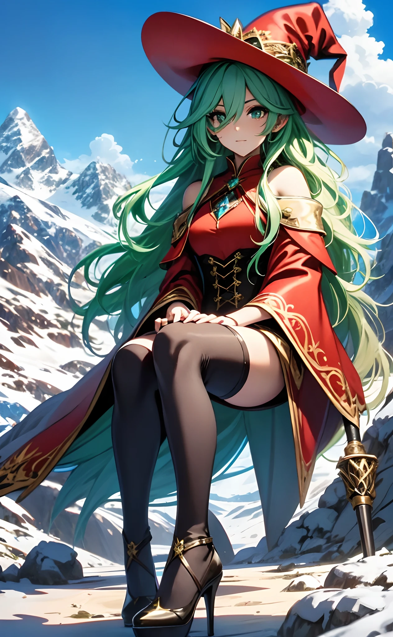 best qualityer,tmasterpiece,Ultimate resolution,downy,Extremely colorful,Colorful,Alpine background,Sky flight,Long flowing green hair,The Witch,a matural female,Red magic robe long dress,red high heel pumps,Sit on a magical broom,flight,Normal posture