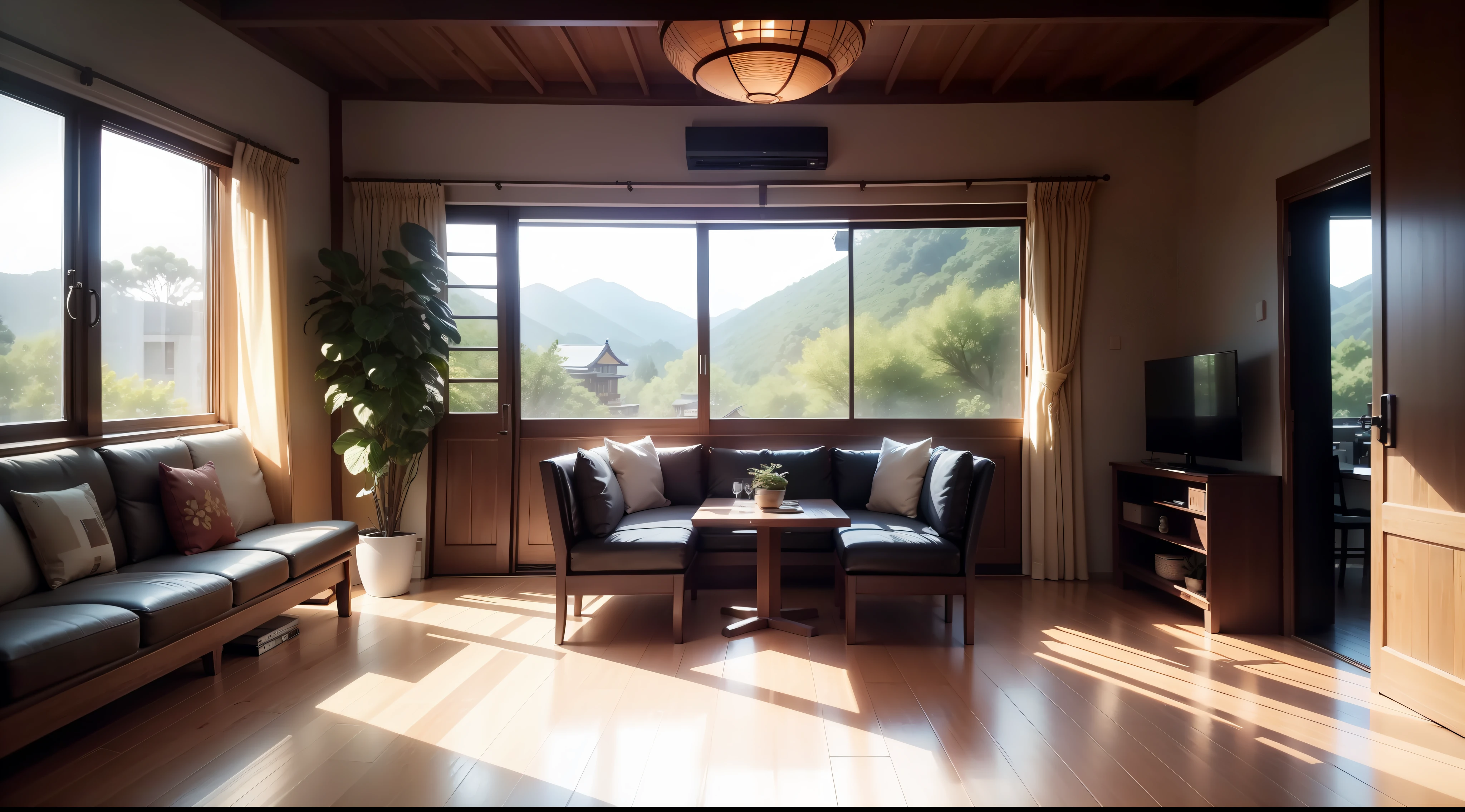 interior design、Insanely detailed wide-angle architectural photo、Cozy contemporary living room、(Bright and warm sunlight 1:0.1)、Award-winning contemporary interior design、landscapes、The table、a chair、in a house、Wooden flooring、window、resturant、east asian east asian architecture、sliding paper doors、abajour、architectural、the woods、naturey、cups、a plant、interior design、Insert lighting and shadows、depth of fields、low illuminance
