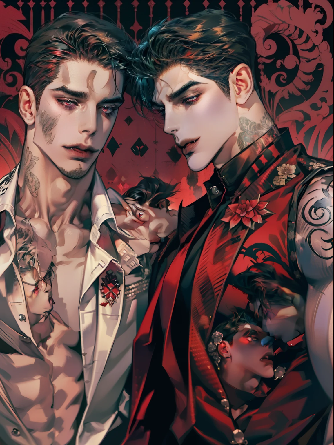 Mafia Noir Casino Gambling Bar Vampire dominant alpha gay couple macho sexy handsome demon adult men with tattoos big chest big abs slicked back hairstyle smoking red eyes charisma goth ((perfect face structure)) detailed stylized ((handsome male couple)) ((men kissing)) ((perfect eyes))