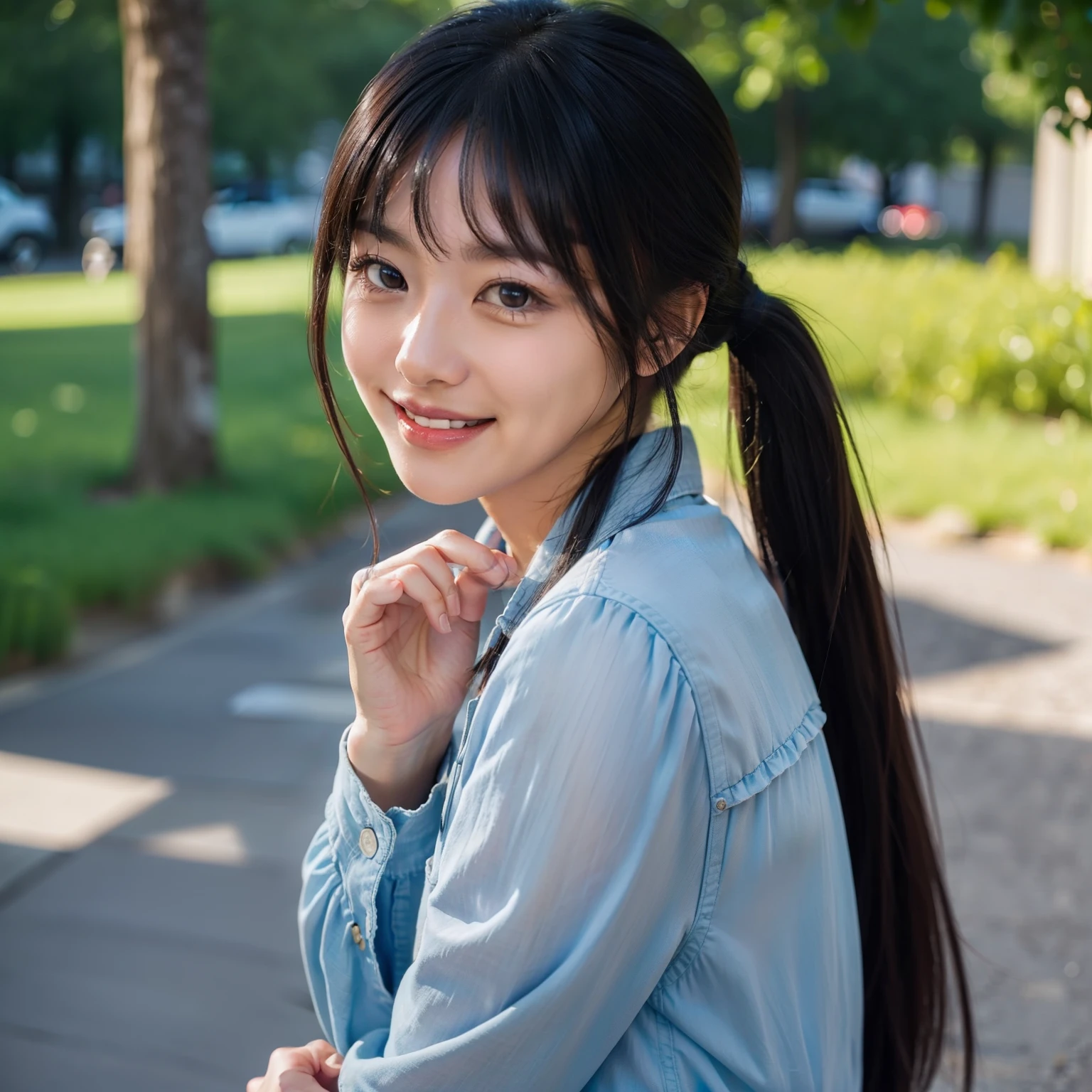 Beautie。kawaii。wholesome。A dark-haired。poneyTail。a smile。