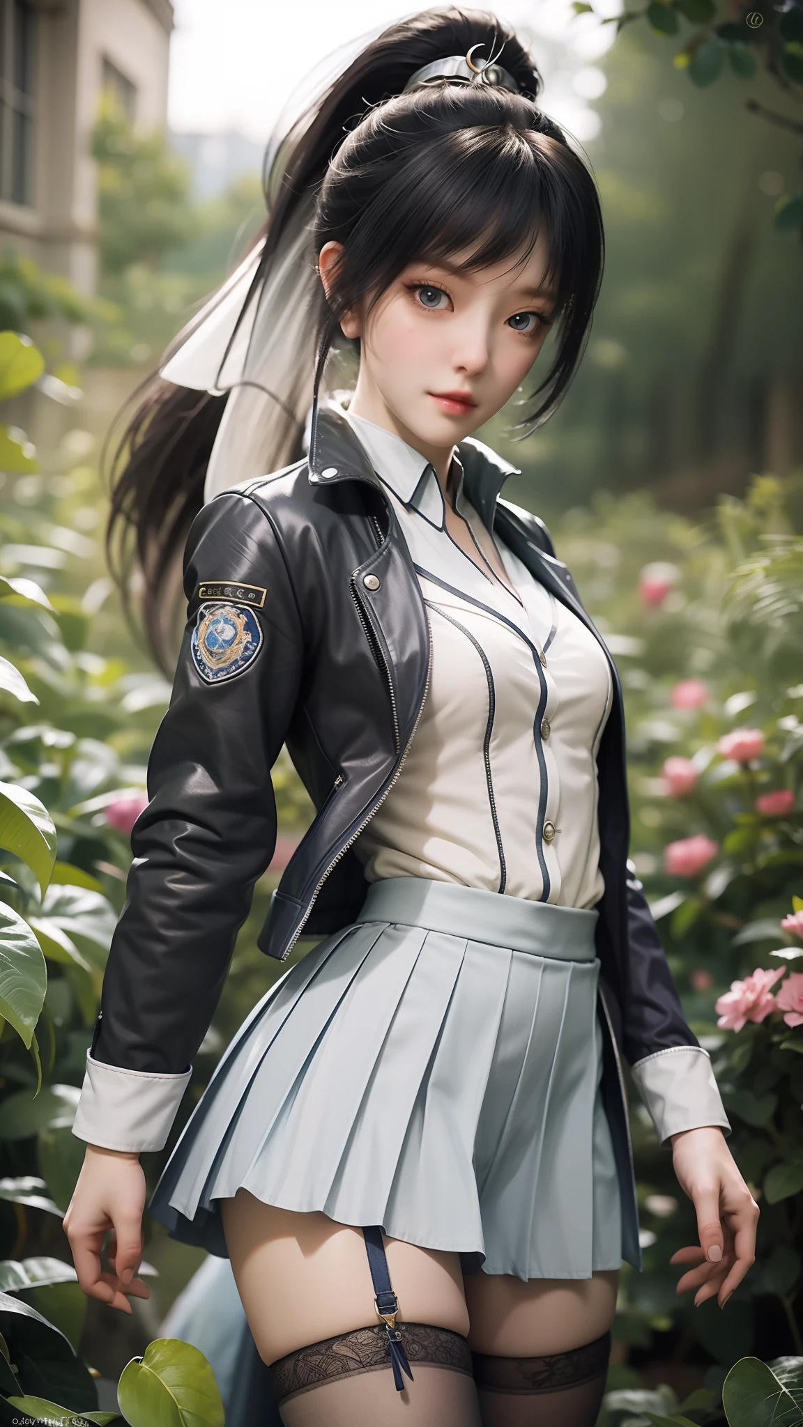 There is a woman in a short skirt and jacket posing for a photo, Surrealism female students, Surrealism female students, Realistic schoolgirl, photorealistic anime girl rendering, small curvaceous loli, thighhighs and skirt, 3 d anime realistic, highly detailed giantess shot, Photorealistic anime, photorealistic full body, [ 4 K photorealism ]!!