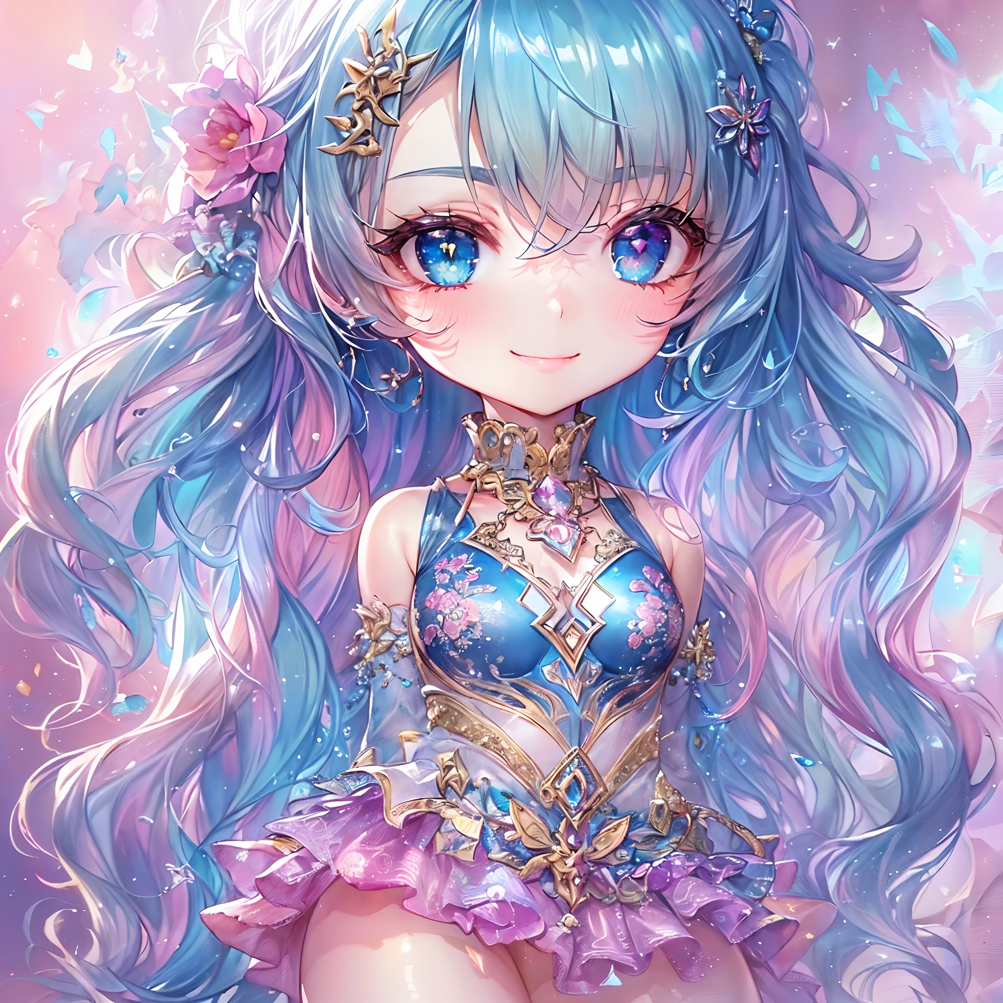 (Chibi:1.5)((masutepiece, of the highest quality, Watercolor art (Pendants), Beautiful and aesthetic: 1.2)), (Golden ratio: 1.2), (Full body: 1.2), (Super Detail: 1.3), (1 girl in: 1.3), (Fractal Art: 1.3), (Glitter Pupil)),(eye glass:1.5) ,(Iridescent hair, Colorful hair, Half light blue and half pink hair: 1.2)), (Heterochromia), (Colorful: 1.5), (((Shy face)), (full body Esbian), (Hyper-detailing), ((delicate detail)), (intricate-detail), ((Cinematic Light, Highest quality backlight)), High contrast, ((The best lighting, Very delicate and beautiful)), (( Cinematic Light)), (ray trace reflection, Glow), (((glowing aura)), ((Glowing hair)), ((Super Detail)), (8K)), ((a closeup)), ((Seductive smile)) ,((FULL BODYSHOT))