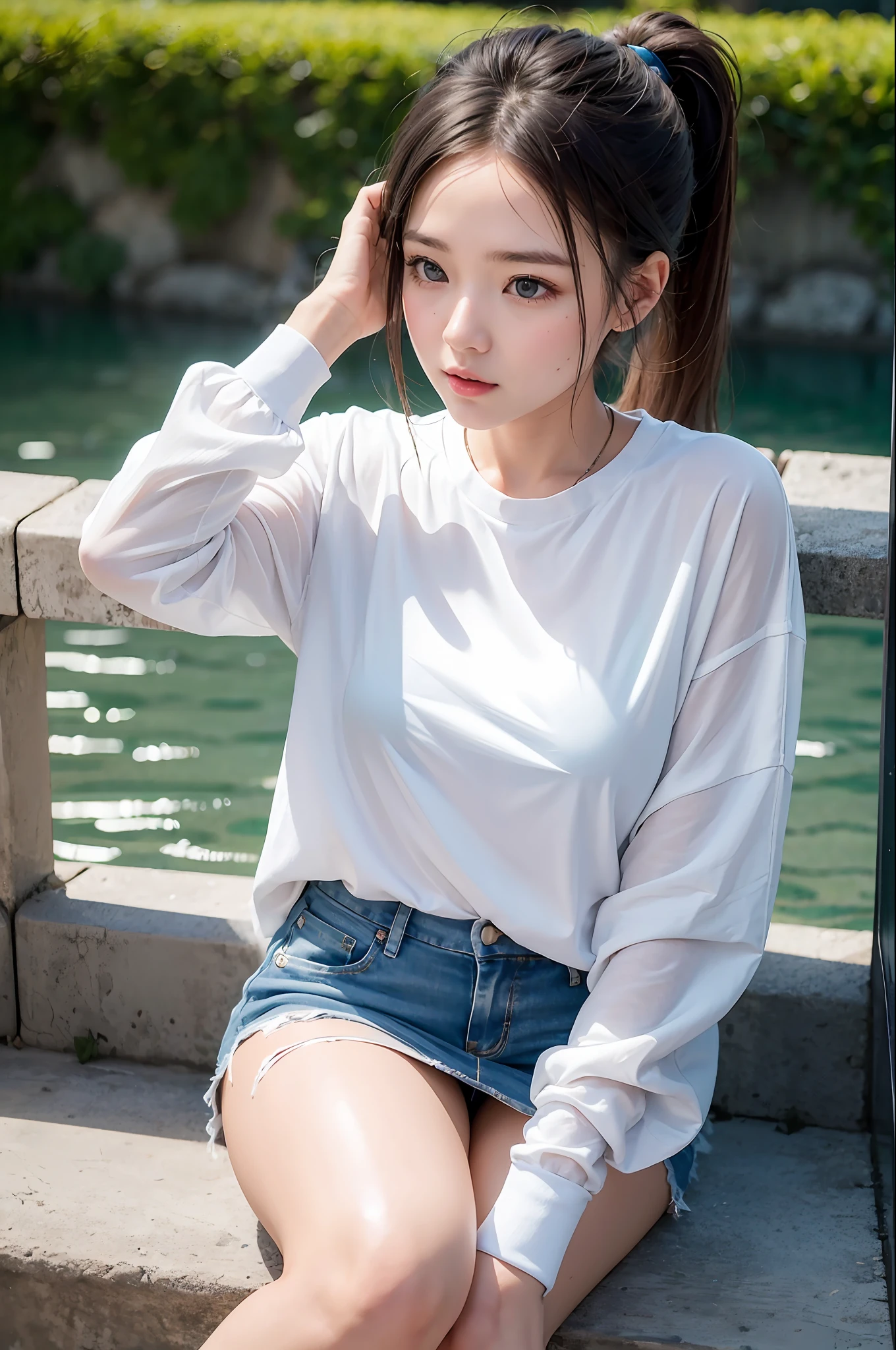 (highest quality, hight resolution, masterpiece:1.3) dusk, sunset, A girl, 19years old, short cut, ponytail, white shirt, White sneakers, denim miniskirt, realisitic, ultra-detail, Slimed, BREAK Sitting on the riverbank, with her cheeks in her hands, upper body, face focus, Look at viewers, A dark-haired, blue eyes, BREAK dynamic light and shadow, hight resolution, foco nítido, depth of fields, A detailed eye