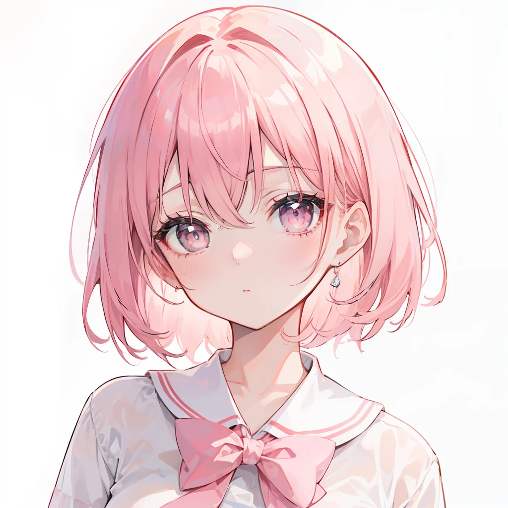 Short pink hair with a sense of transparency，Wearing a milky white ultra-light pink school uniform，Light pink pupils，Super cute sweet girl