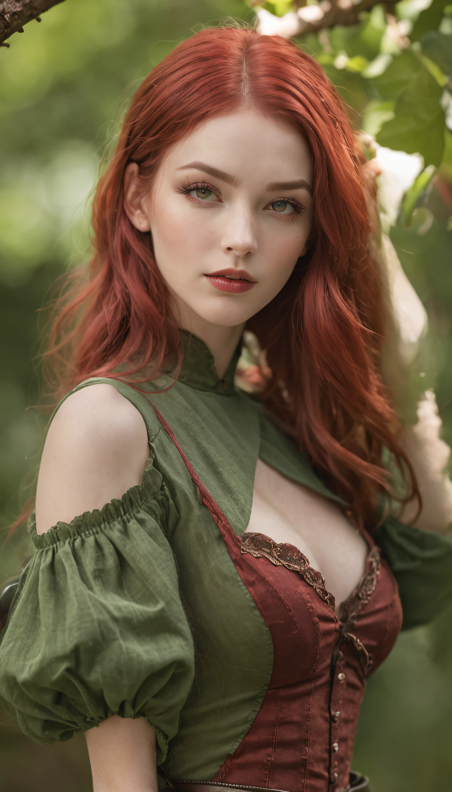 Portrait of a 24-year-old red-haired woman with green eyes, close-up chest, Victorian bustier unclipped in cream-colored linen, hands in hair, ultra detailed skin texture, sexuality, seduction, loving look, slight smile, river, rock, forest, setting sun, dynamic light, contrast, cinematic rendering, 32K, RAW