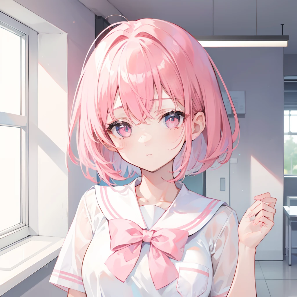 masterpiece, highest quality, very detailed, girl,twin tails, pink hair, hair ornaments,hair bobble, blue eyes,indoors,pussy