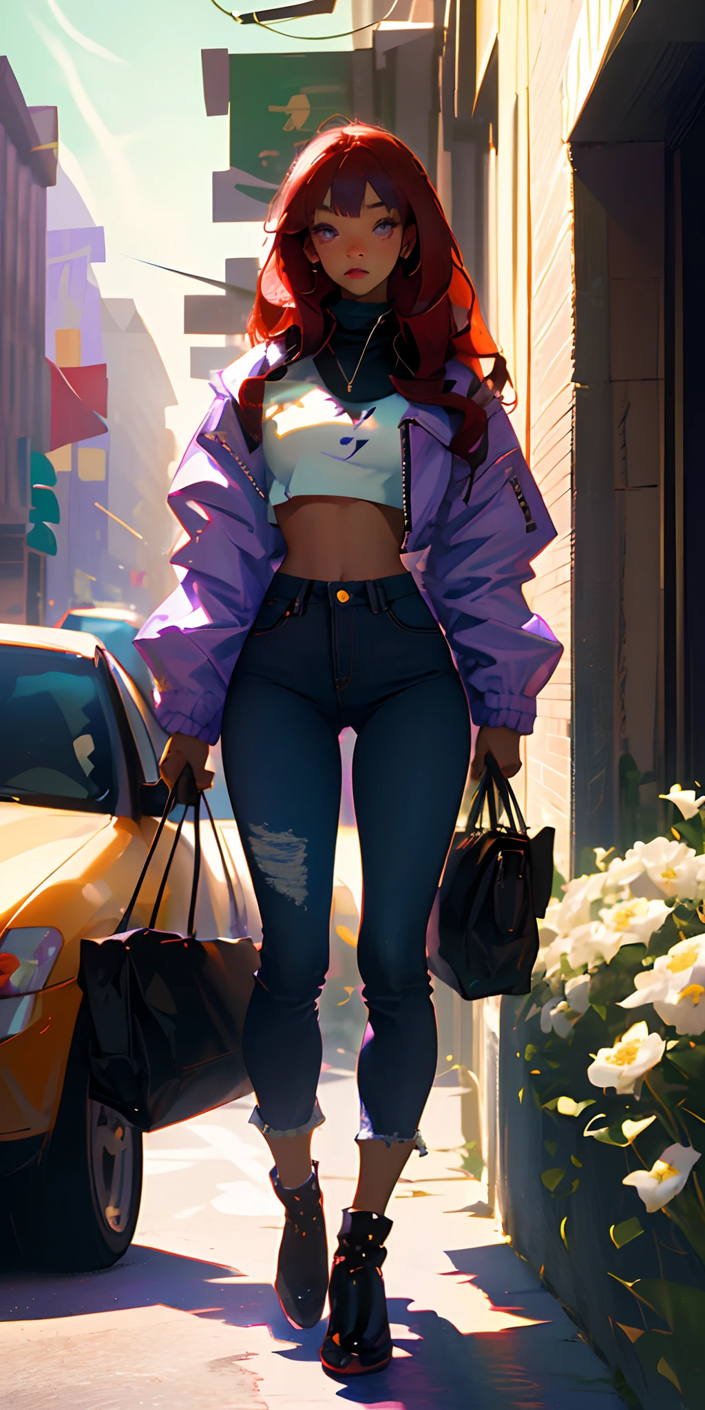 1girl, long red hair, black eyes, white crop top, purple jacket, jeans with flower design, city. absurd, high res, ultrasharp, BK, masterpiece, looking to the viewer