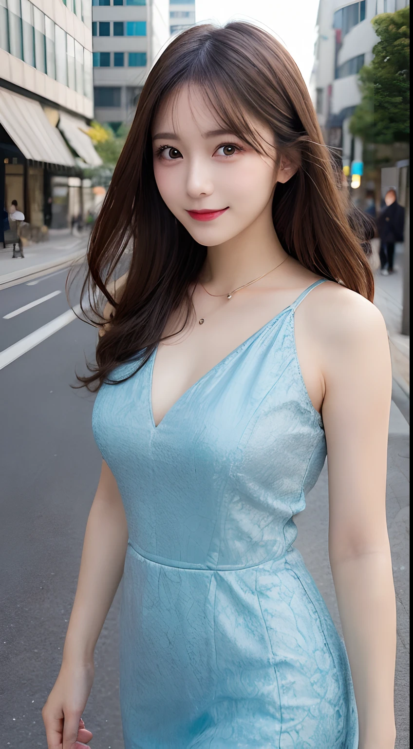 (((a woman posing on the street corner with light blue dress on)))、shiny smooth light brown hair, Beautiful sky with details、耳环、(dynamicposes:1.2)、 (The upper part of the body:0.8)、Soft lighting、the wind、glowy skin、A smile、,(eyeshadows:1.3),(eye line:1.3),(mascara:1.3),(Red cheeks:1.3),(Sexy Lipstick:1.1),K-pop idols、hposing Gravure Idol、cowboy  shot、(((Gal)))、Light blue sleeveless dress、Water-colored suit、Light blue high neck dress:1.2、