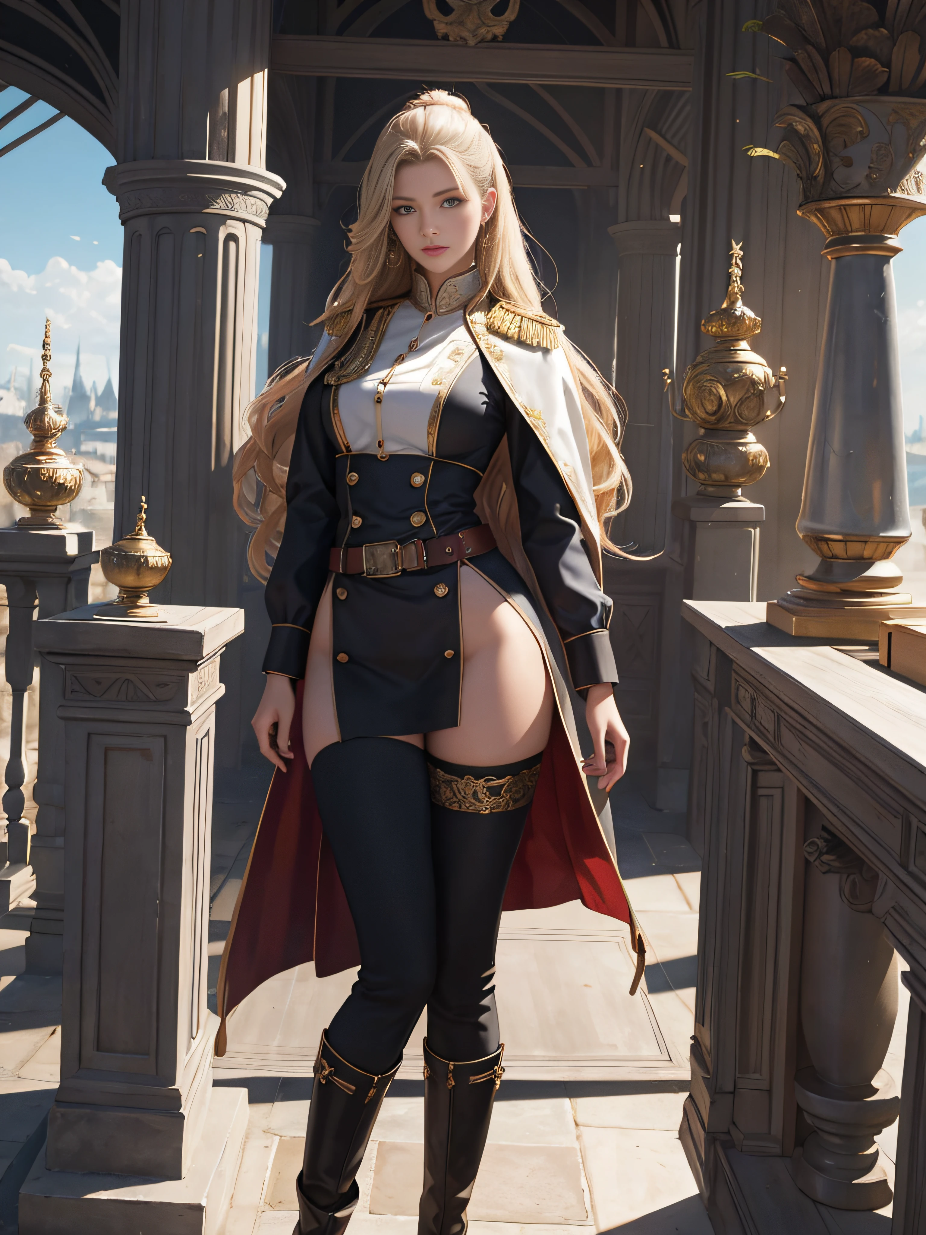 tmasterpiece，A high resolution,Absolutely beautiful，a mature female，European warriors，Fine and detailed eyes and detailed face，Tall and tall，Wearing an officer's uniform，tight uniform，Tight trousers on the lower body，Wear booties，Wear knee-high cotton socks，Female general，military officer， allure：（Tall：1.4），haughty，Mature temperament，（Wide buttock：1.4），（Thick thighs：1.4），Majesty，Rich scene detail，In the midst of the war，are standing，action