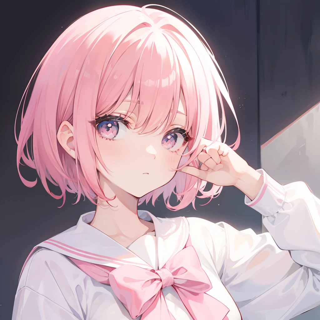 Anime girl with pink hair and a white shirt and pink bow tie - SeaArt AI