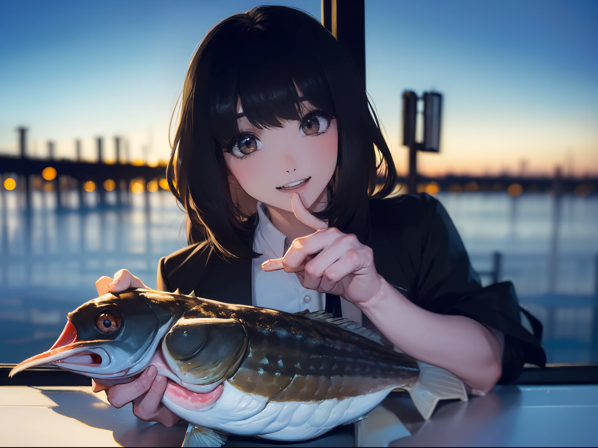 ((((Catch a big black bass by the lake:1.5)))),((1 female 22 years old))((Best Quality, masutepiece :1.5)),(((Hands with the correct number and structure of fingers:1.5))),hight resolution,ultra-detailliert,masterpiece,best qualtiy,,Black hair, long eyeslashes, Solid Circle Eyes, Smiling Woman, drop shadow, Atmospheric perspective,Super Detail, ccurate, small brest,(Black jacket :1.1),top-quality, blurry backround, bokeh dof:1.2, (masterpiece:1.3), Atmospheric perspective,Super Detail,dynamic compositions