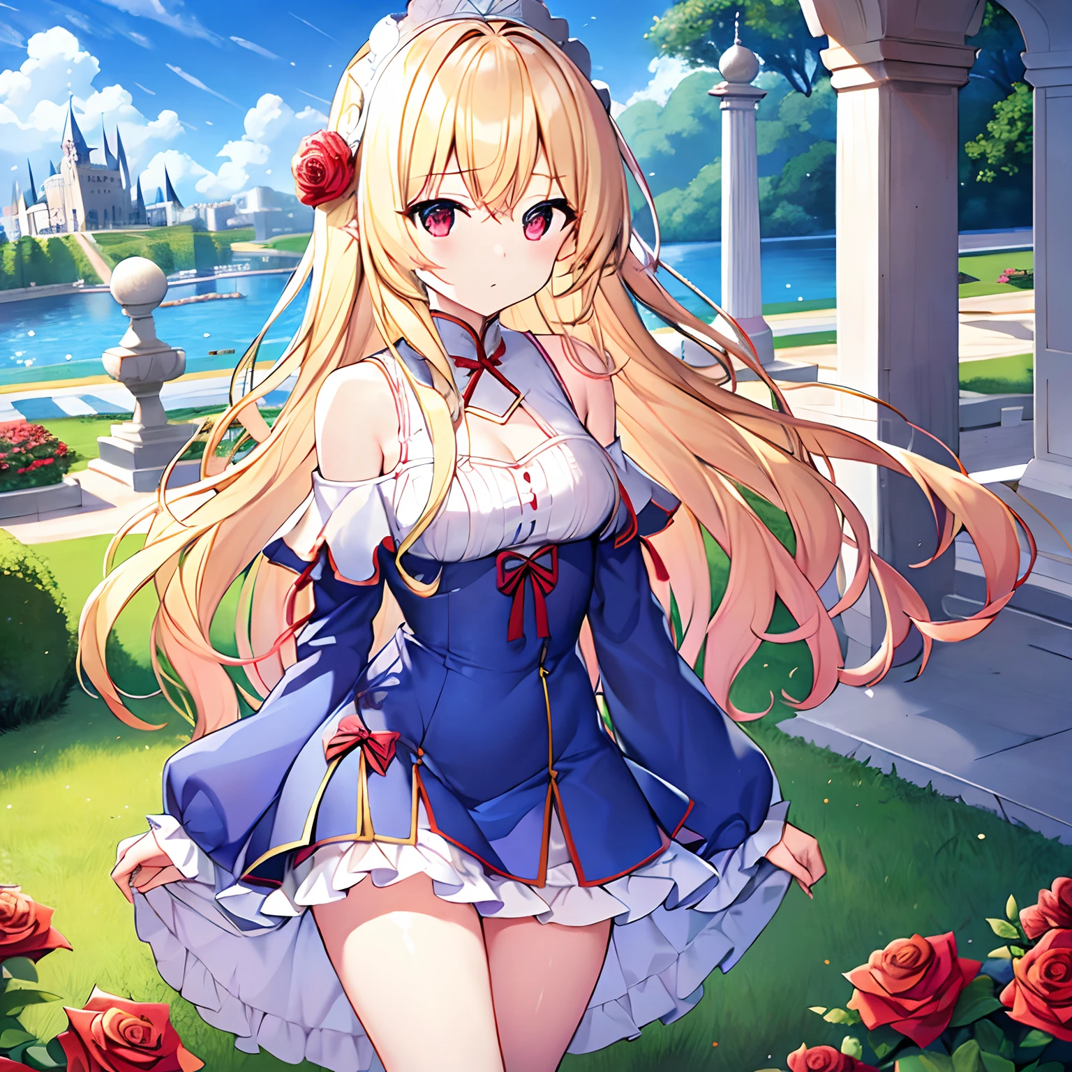 Wavy blonde hair、red eyes、Beautiful girl alone、独奏、animesque、Blue fluffy clothes、off shoulders、a miniskirt、Castles、rose garden、a cold expression