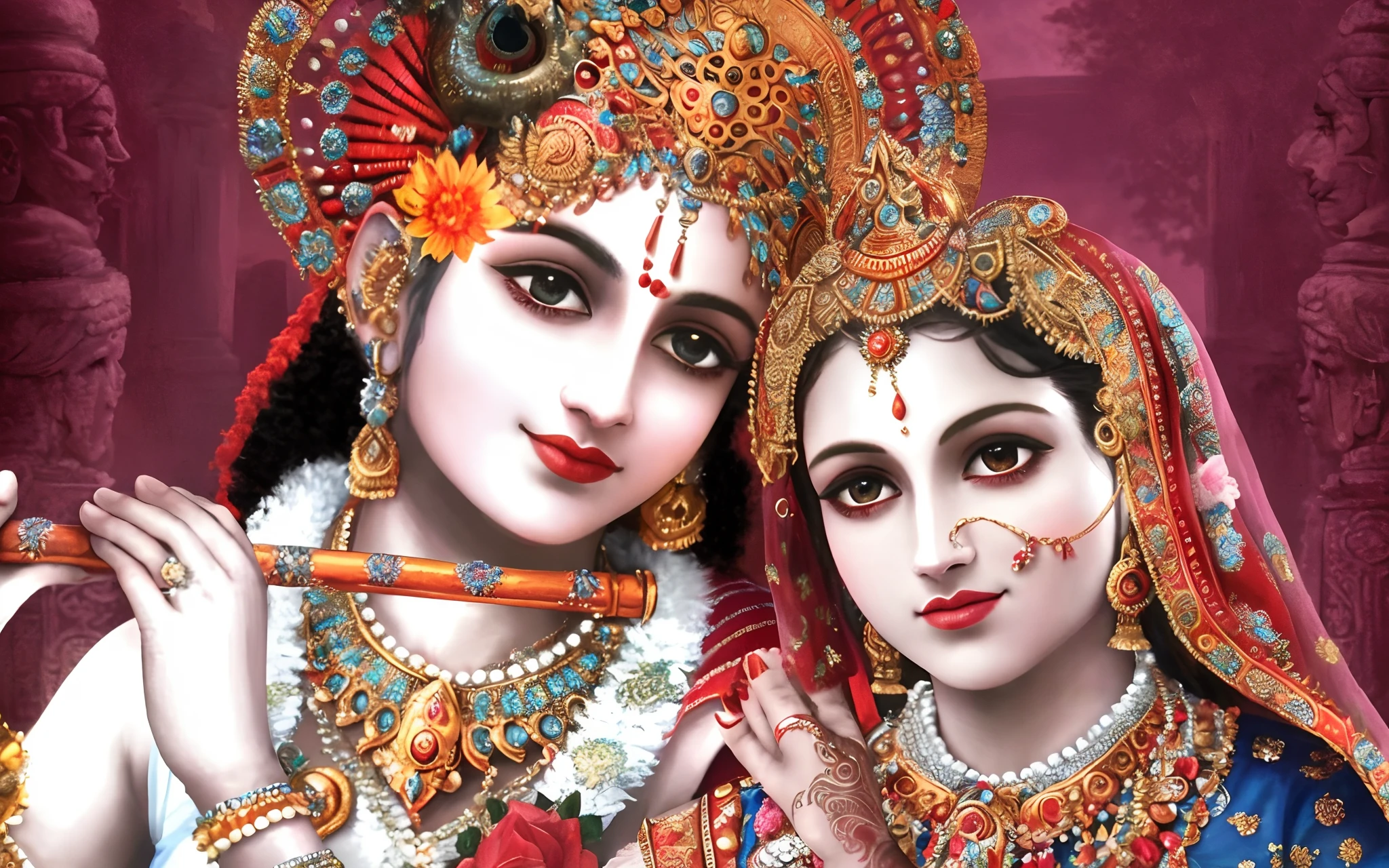 a close up of two women in traditional clothing with a red background, hindu gods, hindu art, beautiful godrays, indian god, from ramayan, indian art, eye level view, hindu god, vishnu, devainart, digitally enhanced, beautiful image, hindu aesthetic, attractive male deity, profile pic, hinduism, version 3, full of colors and rich detail