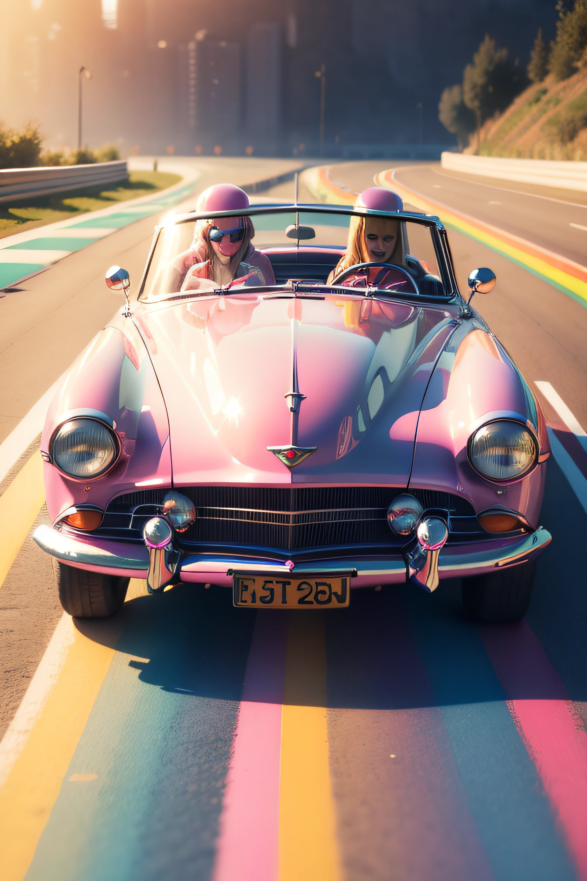 BarbieCore a vintage car driving along a rainbow road , (shiny plastic:0.8), (pink and white:0.9), (pastel:0.85)----revAnimated_v122===UHD