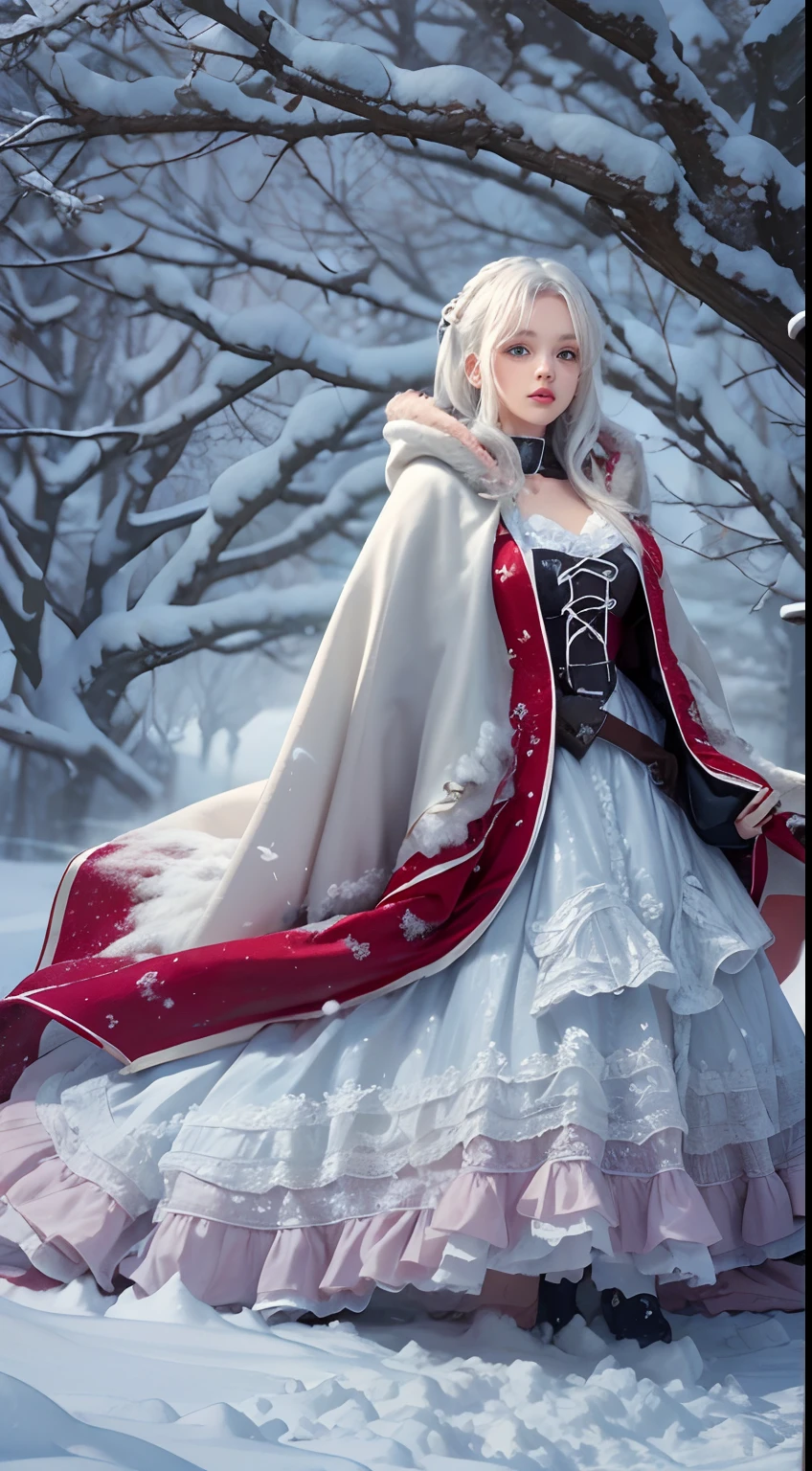 Photorealistic, high resolution, 1 Women, Solo, (ta costume),Gorgeous costumes,Face the audience,The upper part of the body,upper legs, beautidful eyes, White hair, ringed eyes, (outside,Heavy snowfall,Cloak,Cover with snow),snowfield
