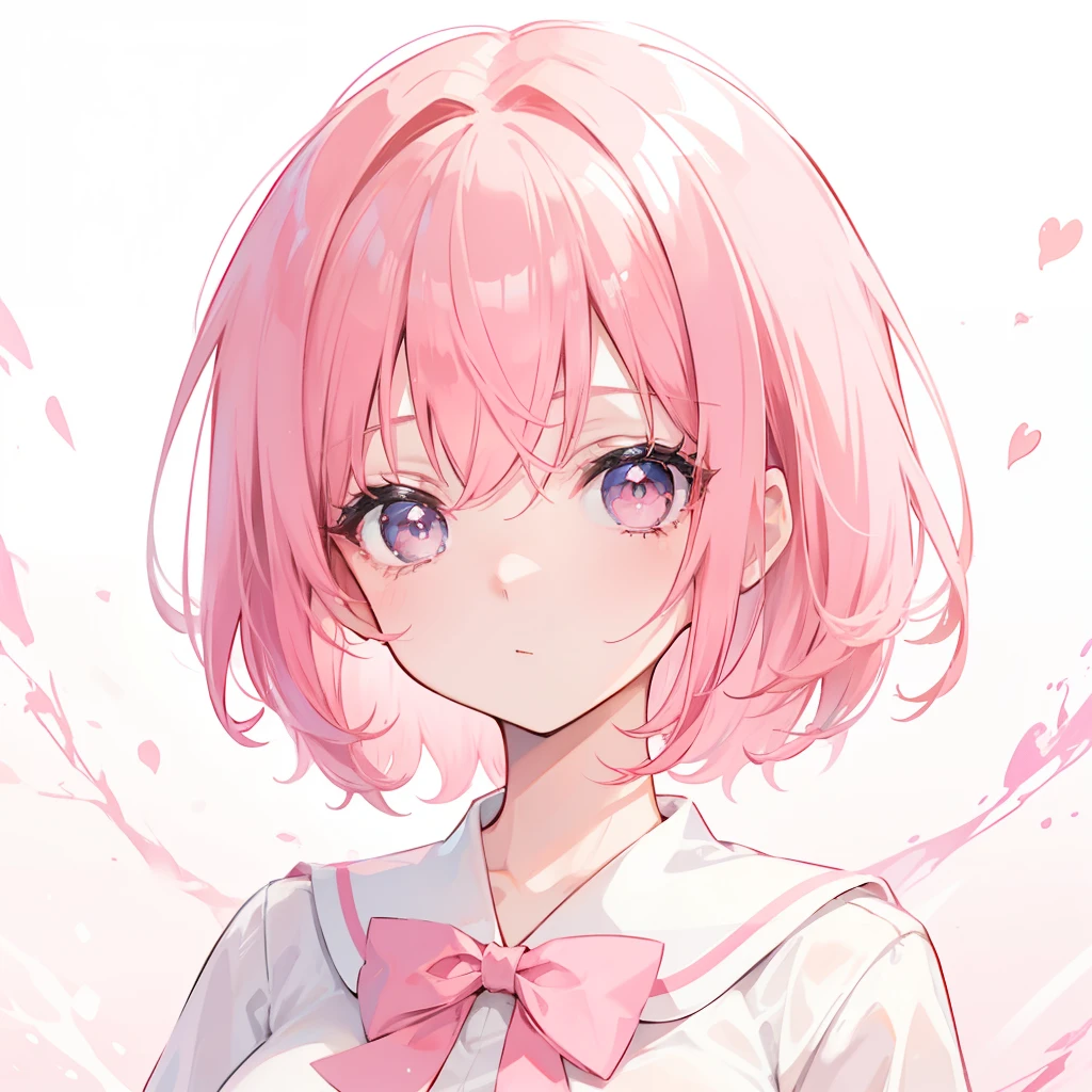 Short pink hair with a sense of transparency,Wearing a milky white ultra-light pink school uniform,Light pink pupils,Super cute sweet girl