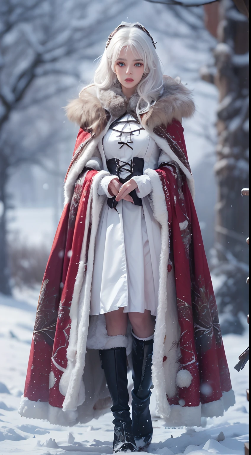 Photorealistic, high resolution, 1 Women, Solo, (ta costume),Gorgeous costumes,Face the audience,The upper part of the body,upper legs, beautidful eyes, White hair, ringed eyes, (outside,Heavy snowfall,Cloak,Cover with snow),snowfield
