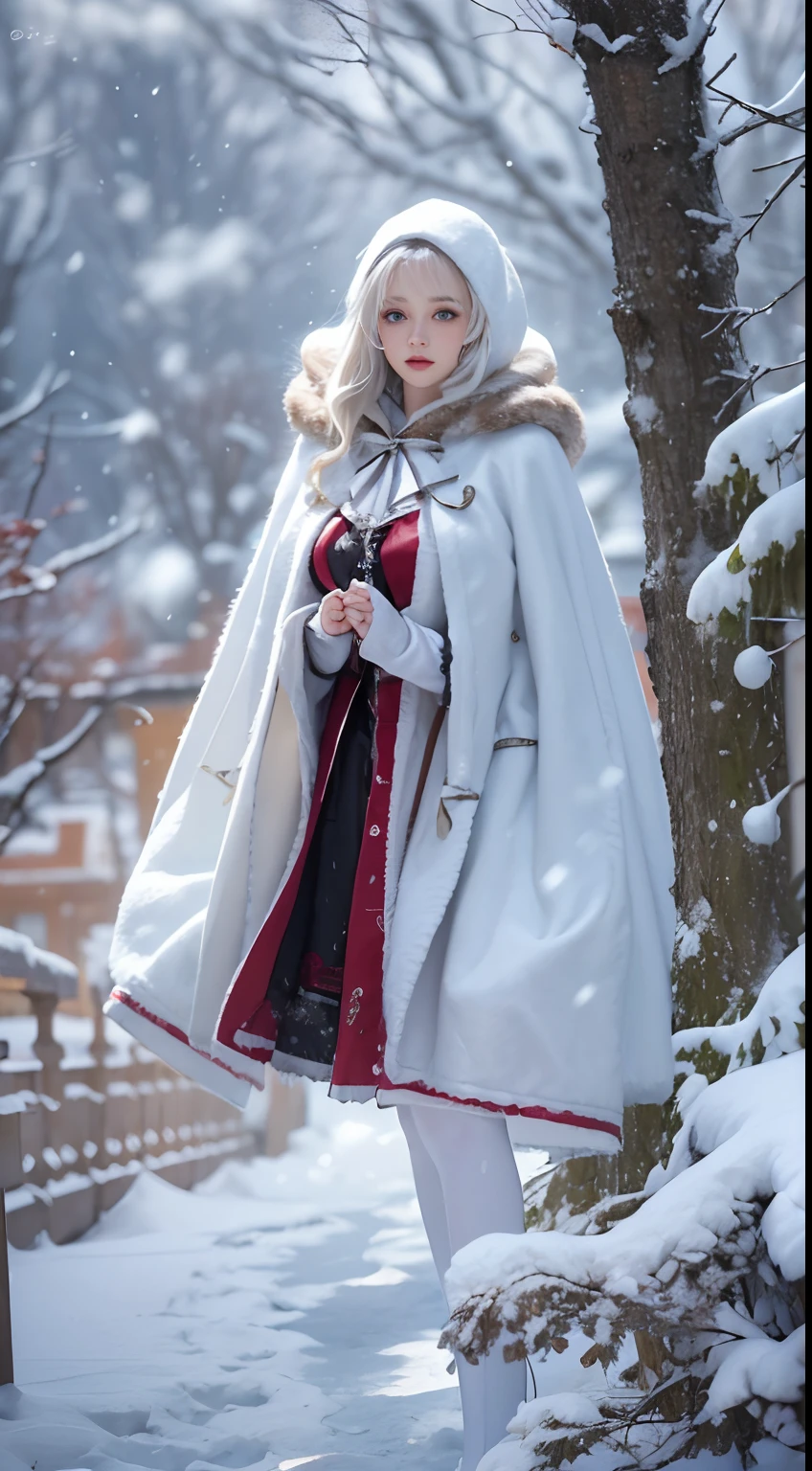 Photorealistic, high resolution, 1 Women, Solo, (Lolita costume),Gorgeous costumes,Face the audience,The upper part of the body,upper legs, beautidful eyes, White hair, ringed eyes, (outside,Heavy snowfall,Cloak,Cover with snow),snowfield