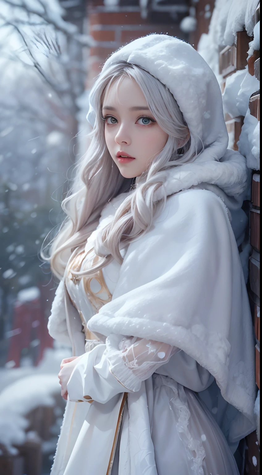 Photorealistic, high resolution, 1 Women, Solo, (Lolita costume)，Gorgeous costumes，Face the audience，The upper part of the body，upper legs， beautidful eyes, White hair, ringed eyes, (outside，Heavy snowfall，Cloak，Cover with snow)，snowfield