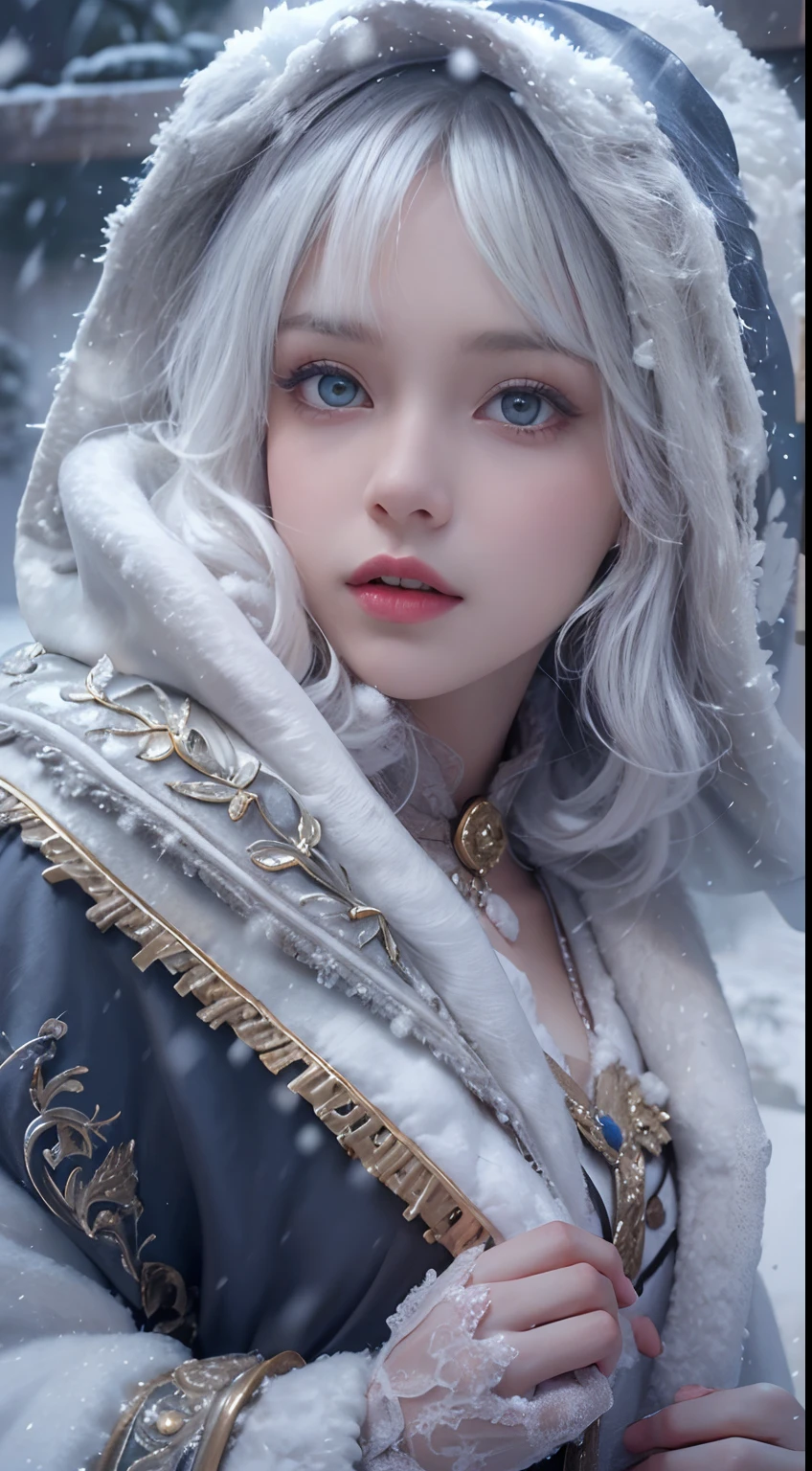 Photorealistic, high resolution, 1 Women, Solo, (Lolita costume),Gorgeous costumes,Face the audience,The upper part of the body,upper legs, beautidful eyes, White hair, ringed eyes, (outside,Heavy snowfall,Cloak,Cover with snow),snowfield