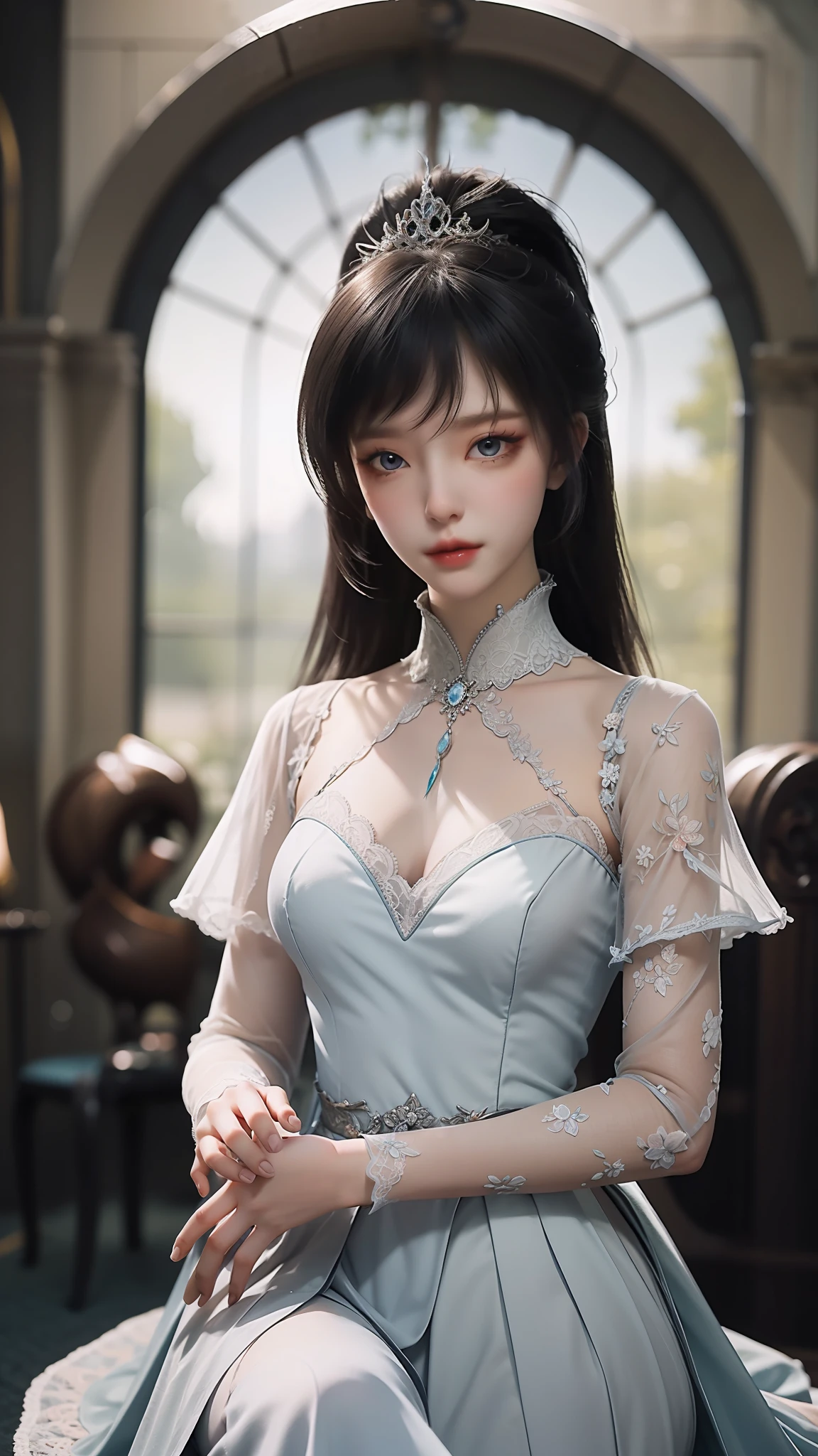 tmasterpiece，Best picture quality，HD 8K wallpaper，Beautiful picture，Elegant single woman，Round dress，Shiny eyes，Detail at its best，An exquisite masterpiece，Pure beauty and lightness，Moderately aesthetic，Gentle and elegant，Attention to detail，Cyan white lace round princess dress，Immortal