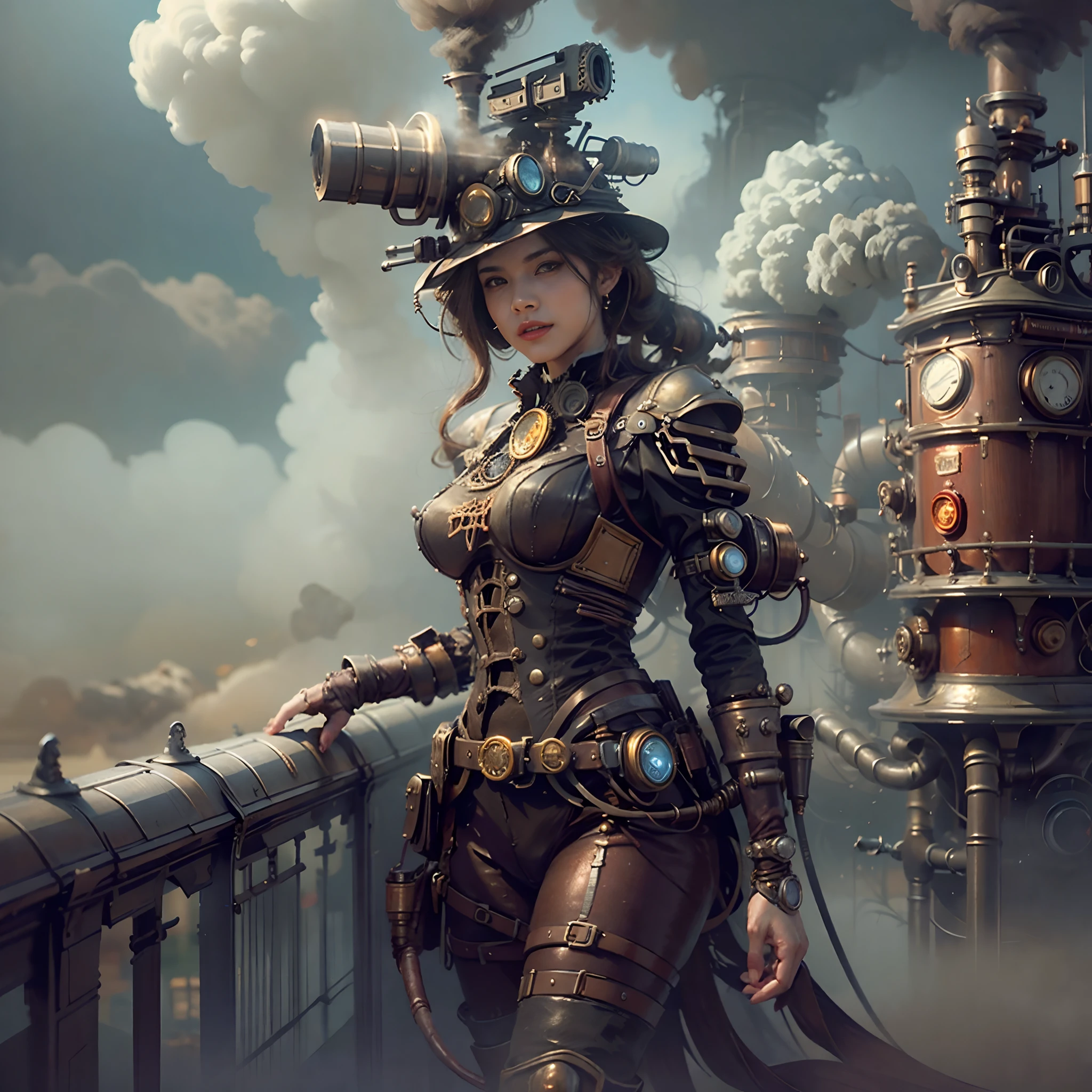 There's a sexzy woman with a steam-powered helmet, arte conceitual steampunk, full body view, smoke fog background,arte steampunk digital, arte steampunk de alta qualidade, Wojtek FUS, arte digital steampunk, detailed wild steampunk illustration, Portrait of a gold mechanical woman, arte steampunk, estilo de arte dieselpunk, cyberpunk steampunk, estilo de fantasia steampunk, Arte digital altamente detalhada em 4k, sci-fi steampunk