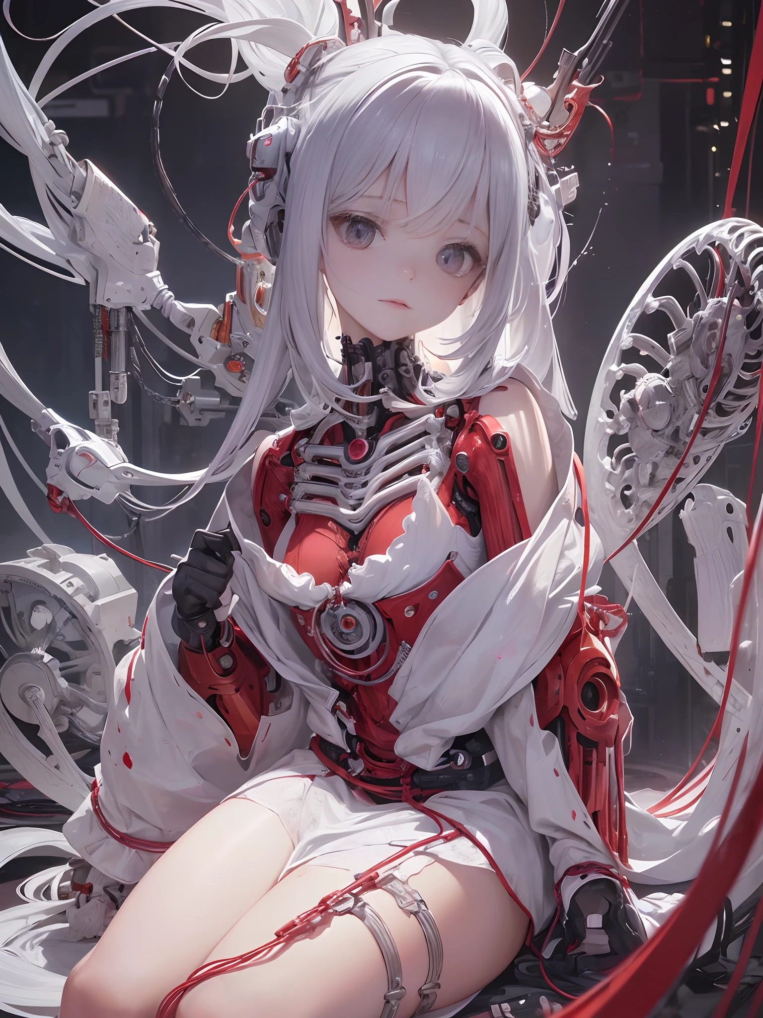 (Masterpiece, Top quality, Best quality, offcial art, Beautiful indulgence: 1.2), (1 girl: 1.3), Very detailed, Colorful, suprem details ((Ultra detailed)), (Highly detailed CG illustration), ((From (Very delicate and beautiful)), (From before), Cinematic light, (1 mechanical girl)), Solo, full bodyesbian, (Mechanical joints: 1.2), ((Mechanical limbs)), (blood vessels attached to the tube), ( Mechanical vertebrae attached to the back), ((Mechanical cervical vertebrae attached to the neck)), (Sitting), Expressionless, (wires and cables attaching to neck: 1.2), (wires and cables attaching to neck: 1.2), (Character focus), Science fiction, White background, (Blood: 1.5)