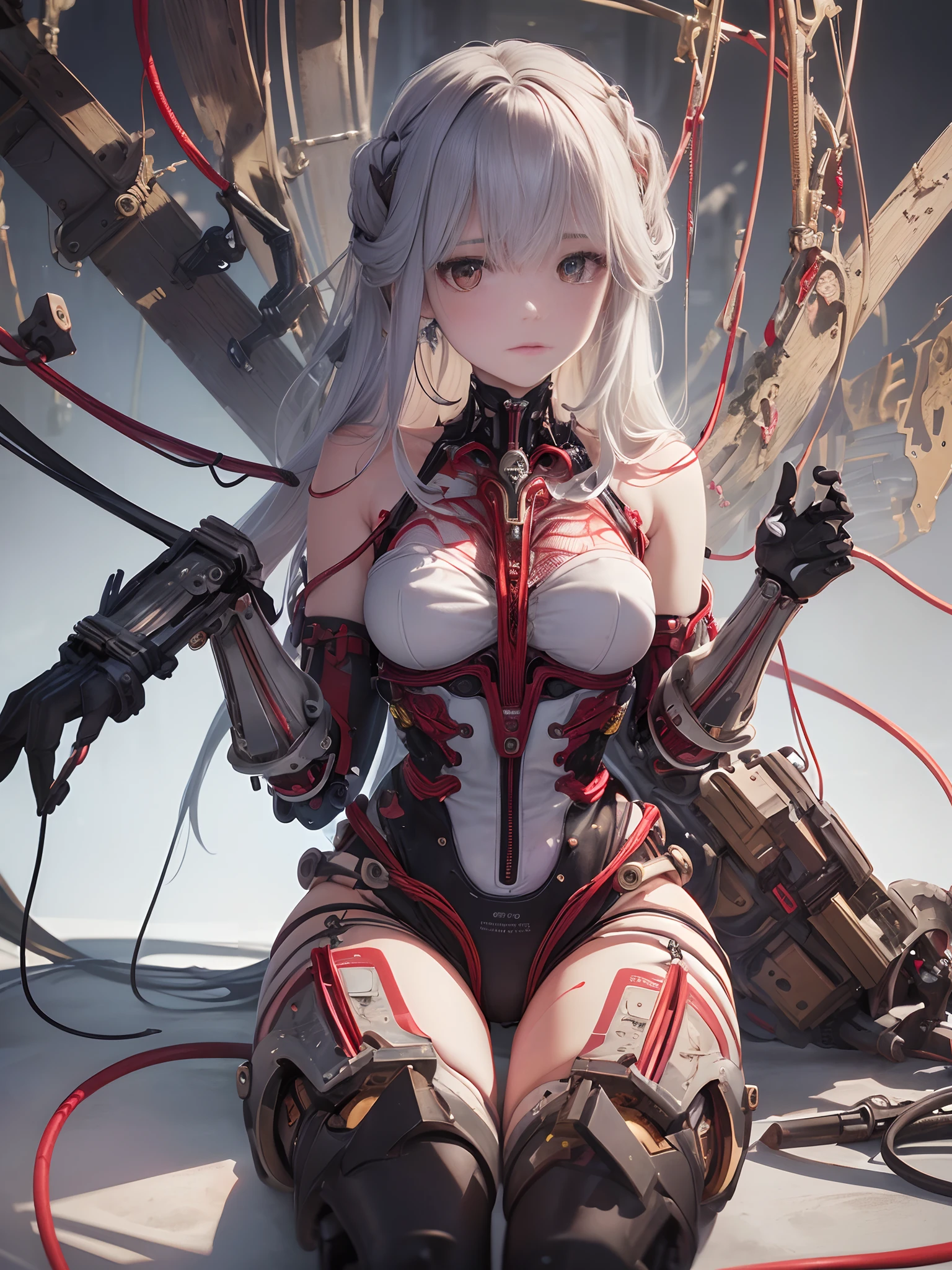 (masterpiece, top quality, best quality, official art, beautiful and aesthetic:1.2), (1girl:1.3), extreme detailed,colorful,highest detailed ((ultra-detailed)), (highly detailed CG illustration), ((an extremely delicate and beautiful)),cinematic light,((1mechanical girl)),solo,full body,real breasts,real ,(machine made joints:1.2),((mechanical limbs)),(blood vessels connected to tubes),(mechanical vertebra attaching to back),((mechanical cervical attaching to neck)),(fetal position),expressionless,(wires and cables attaching to neck:1.2),(wires and cables on head:1.2)(character focus),science fiction,creepy lab background,(blood:1.5)