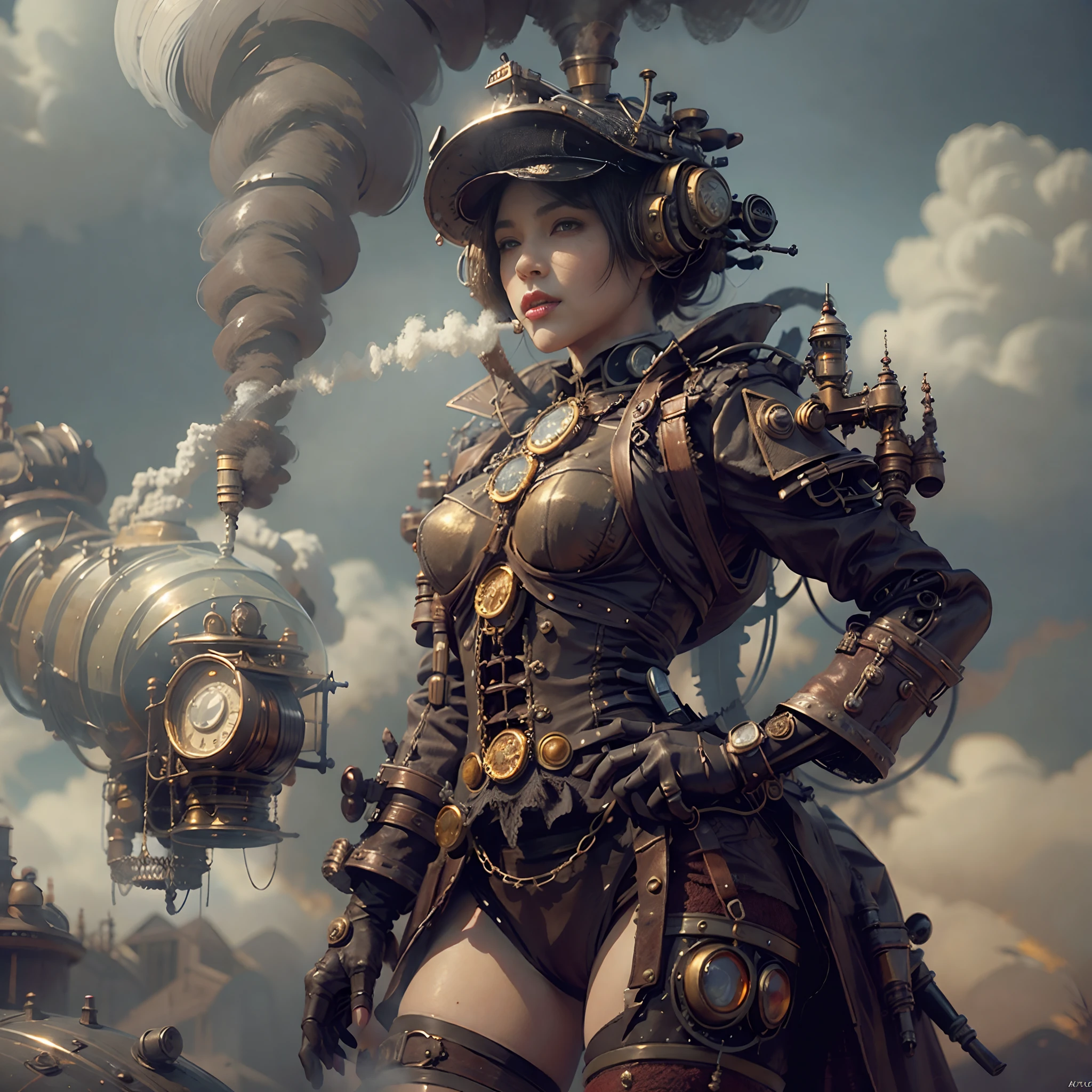 There's a sexzy woman with a steam-powered helmet, arte conceitual steampunk, full body view, smoke fog background,arte steampunk digital, arte steampunk de alta qualidade, Wojtek FUS, arte digital steampunk, detailed wild steampunk illustration, Portrait of a gold mechanical woman, arte steampunk, estilo de arte dieselpunk, cyberpunk steampunk, estilo de fantasia steampunk, Arte digital altamente detalhada em 4k, sci-fi steampunk