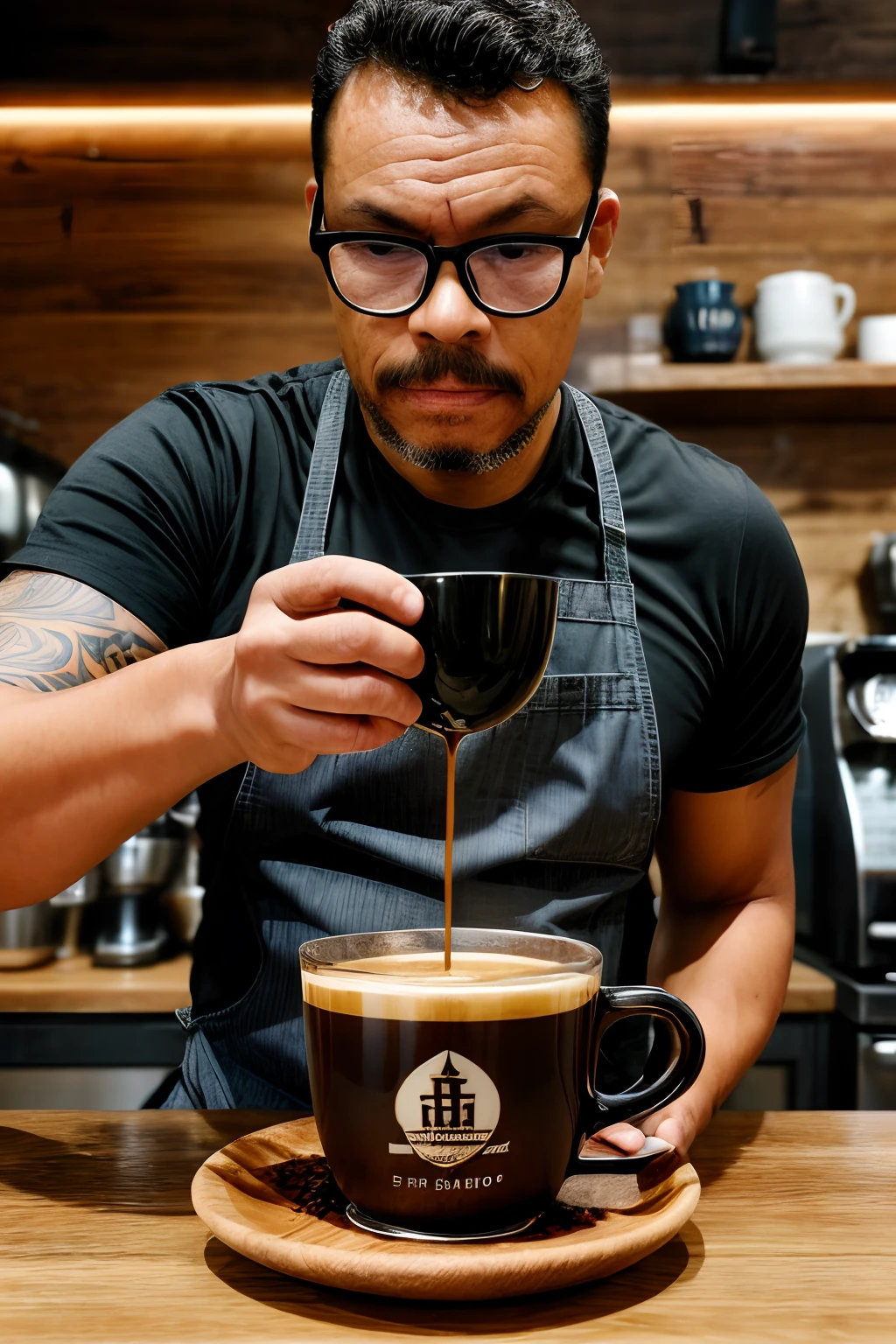 guttonerdvision10, A raw photograph with a bespectacled man with a hyper-detailed face, capturing intricate facial features with a scale factor of 1.3. Ele encarna o papel de um barista dedicado, your face reflecting a mix of concentration and experience. The glasses he wears add a touch of sophistication to his appearance. This hyper-realistic portrait is presented in UHD resolution with a scale factor of 1.3, garantindo clareza excepcional e qualidade de vida.

The setting is a charming rustic café, where the aroma of freshly brewed coffee fills the air. Banhado pelo brilho suave da luz natural, The man stands confidently behind the counter, surrounded by a variety of coffee-related paraphernalia. The lighting accentuates the textures of the wood and the intricate details of her costume.

Renderizado usando os recursos do Octane, The photograph captures the nuances of his features, the reflections in his glasses, e as ricas texturas do ambiente. The result is a captivating image that brings the viewer into the world of the skilled barista and cozy coffee haven.