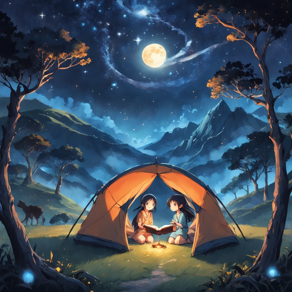 In the night, a small tent, two children reading a book. An incredible view of the starry sky. In this scenery, every book tastes exceptionally delightful,hyper realistic, ultra detailed --auto