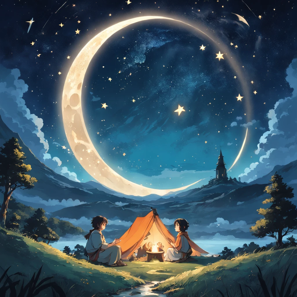 Crie uma imagem com uma atmosfera encantadora, inspirado no livro 'O Hobbit'. Nessa imagem, inclua os personagens Gandal e Frodo, ambos explorando uma cena noturna cheia de maravilhas. Add a starry sky with smiling stars and a friendly observation moon. Ademais, Insert a translucent spirit with a friendly and bright appearance, as a magical guide on the night journey. Use suave, vibrant colors to create a cheerful and magical environment. Let your creativity flow and capture the sense of adventure and mystery that the book conveys.
