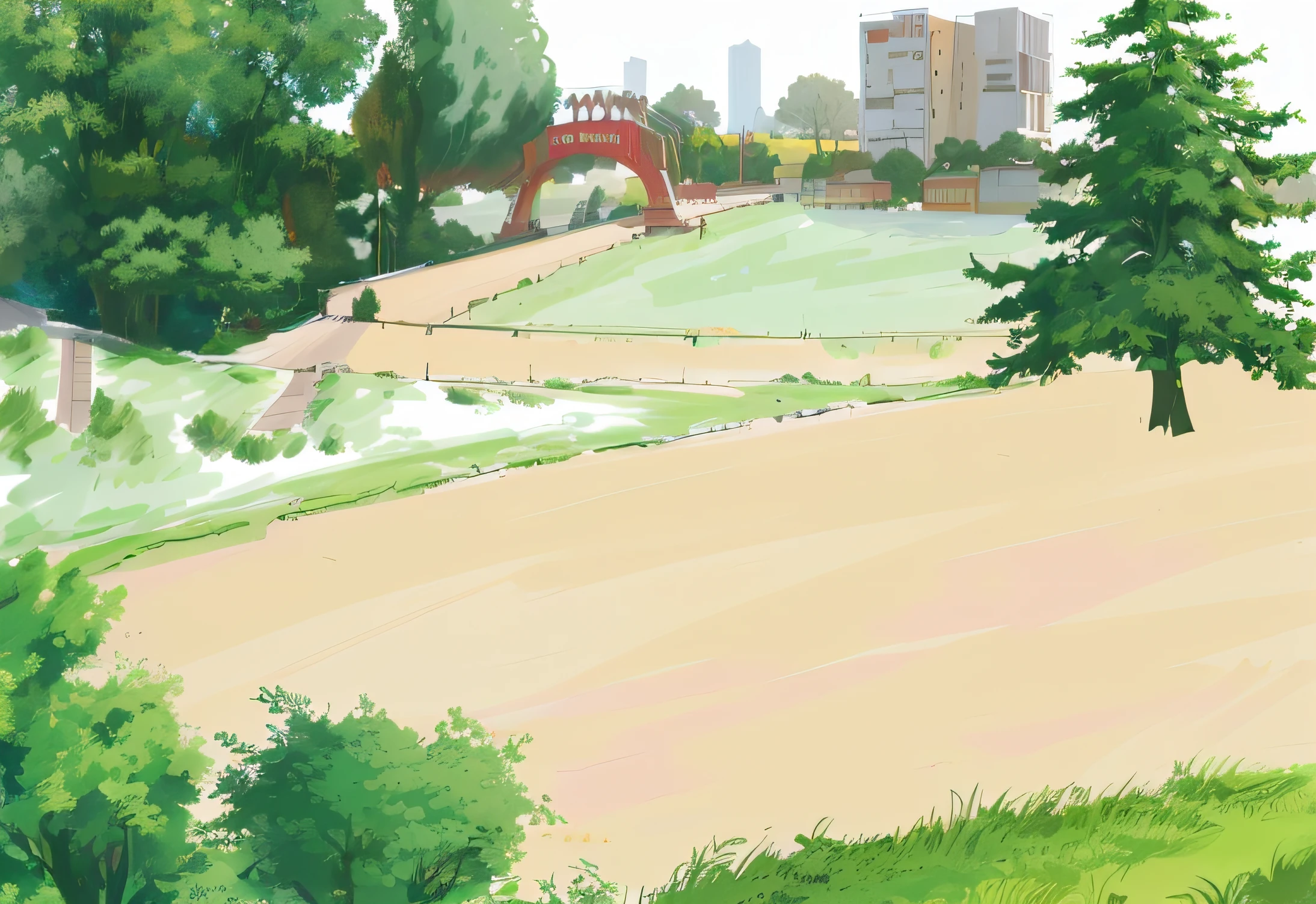 There is a painting,A man rides a skateboard in the mountains, Park background, park in background, countryside city scene, anime countryside landscape, Anime landscape, park landscape, landscape artwork, Detailed scenery —width 672, Anime landscapes, Anime background art, Landscape illustration, Ghibli Studio Environment, Anime landscape concept art, A digital painting, sunny park background