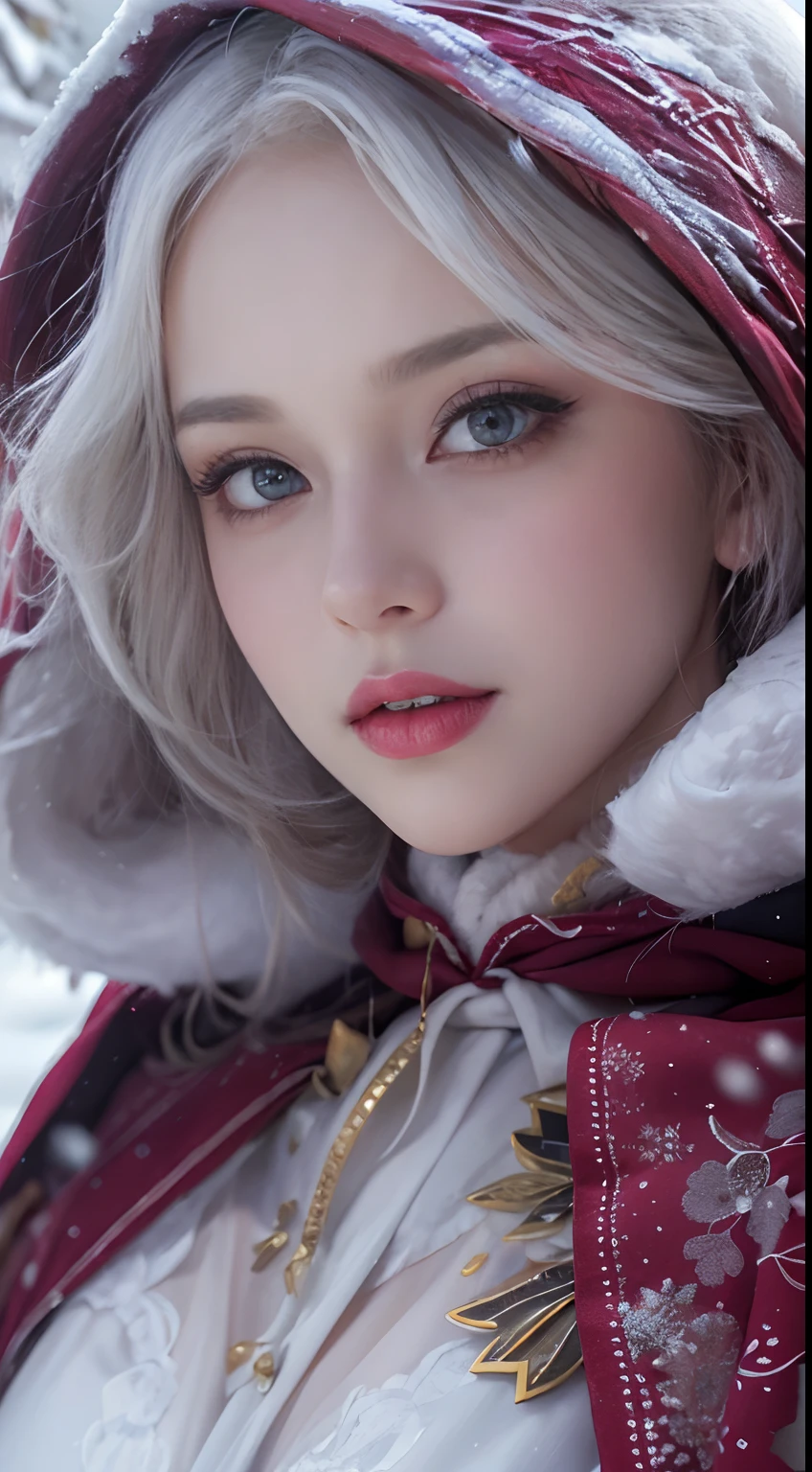 Photorealistic, high resolution, 1 Women, Solo, (Lolita costume)，Gorgeous costumes，Face the audience，The upper part of the body，upper legs， beautidful eyes, White hair, ringed eyes, (outside，Heavy snowfall，Cloak，Cover with snow)，snowfield