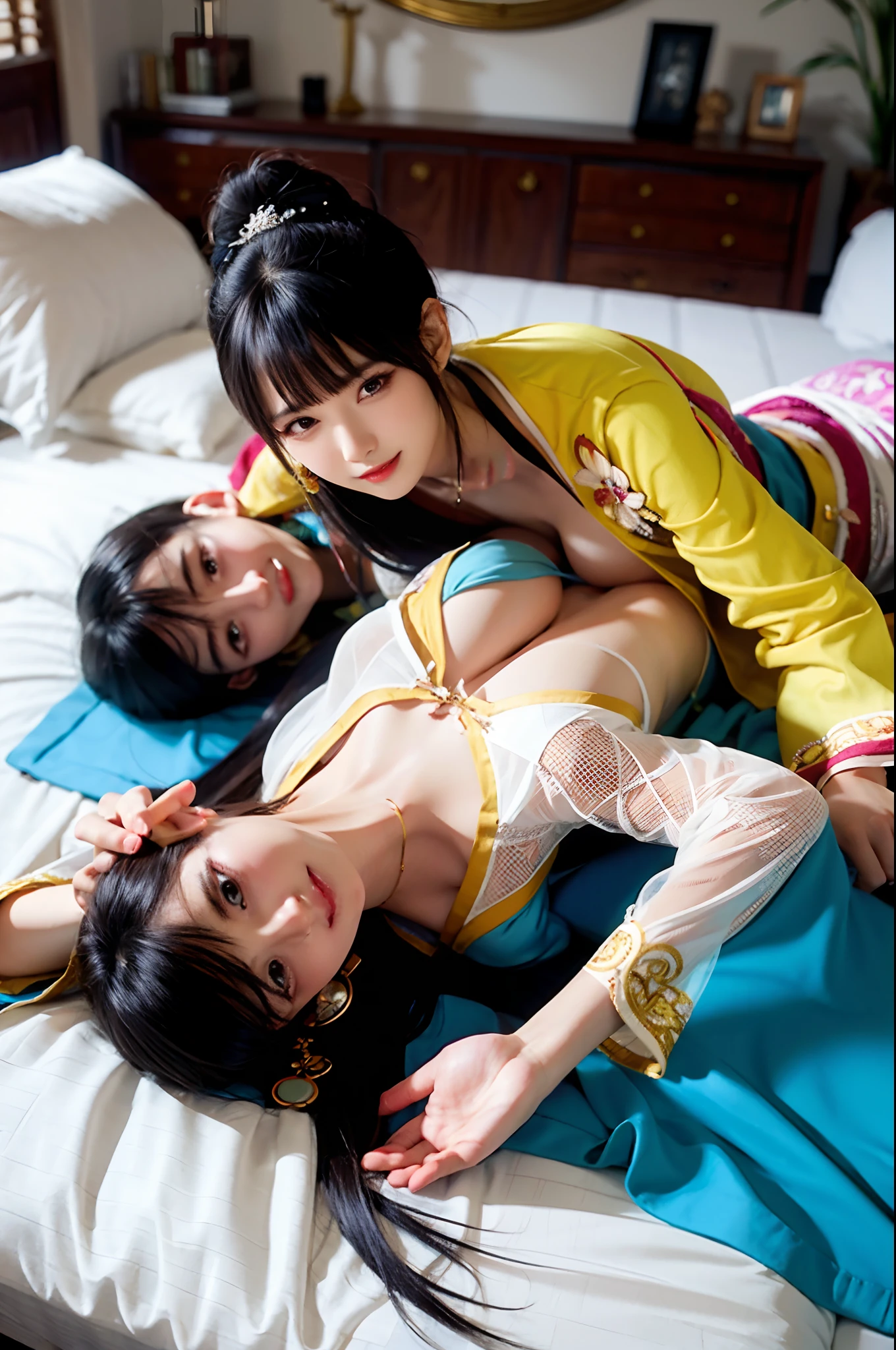 Multiple beauties touching each other, (transparent shirt: 1.2), (open shirt), light clothes, sleeveless, huge breasts, upright breasts close-up two women lying on bed posing for photos, surreal full body figure, beautiful and detailed body and face, gorgeous figure, ponytail, clear, smile, moan, tease, surreal full body body, beautiful and detailed body and face, super long viewing angle, fair skin, bright colors, Asian, clothes almost nothing, blurry, Chinese costume underwear