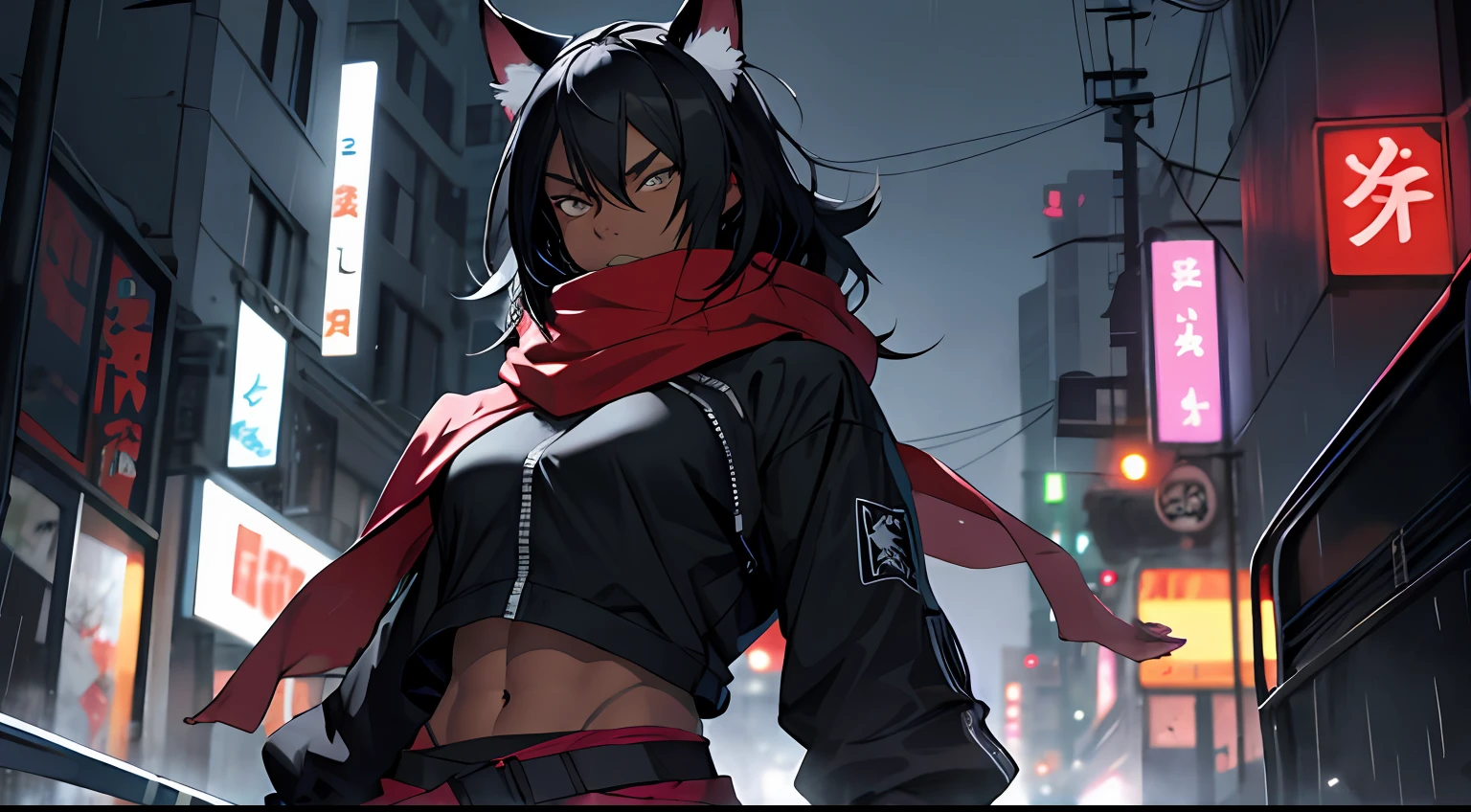 1girl, black hair, athletic, robot, casual, animal ears, colorful, sword on back, mysterious, thick waist medium breast, muscular, tomboy, nekomata, warrior, sexy outfit, looking at viewer , anime, realistic, rainy night city, dark skin, posing, black and white colors, high quality, non distorted, wearing assassin hood with scarf, holding dual daggers, evil, windy, hair flowing
