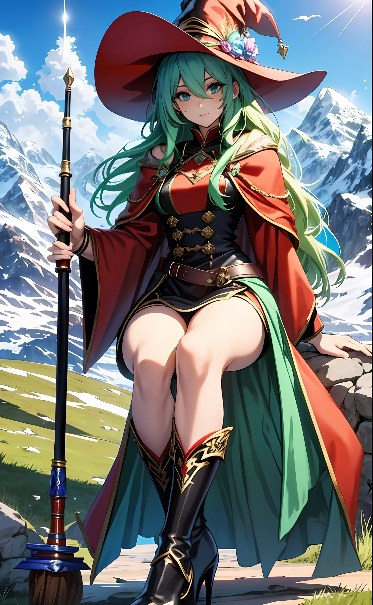 best qualityer,tmasterpiece,Ultimate resolution,downy,Extremely colorful,Colorful,Alpine background,Sky flight,Long flowing green hair,The Witch,a matural female,Red magic robe long dress,red high heel pumps,Sit on a magical broom,flight,Normal posture