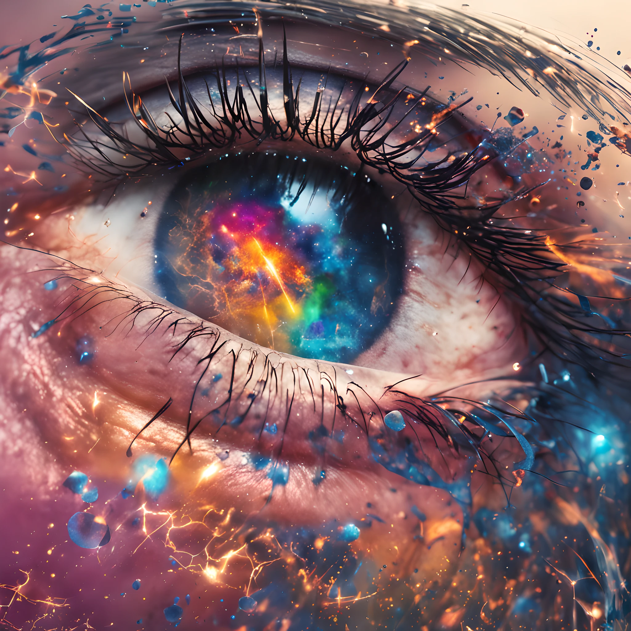 um olhar intenso de um menina, in the eye reflects a galactic battle with explosions