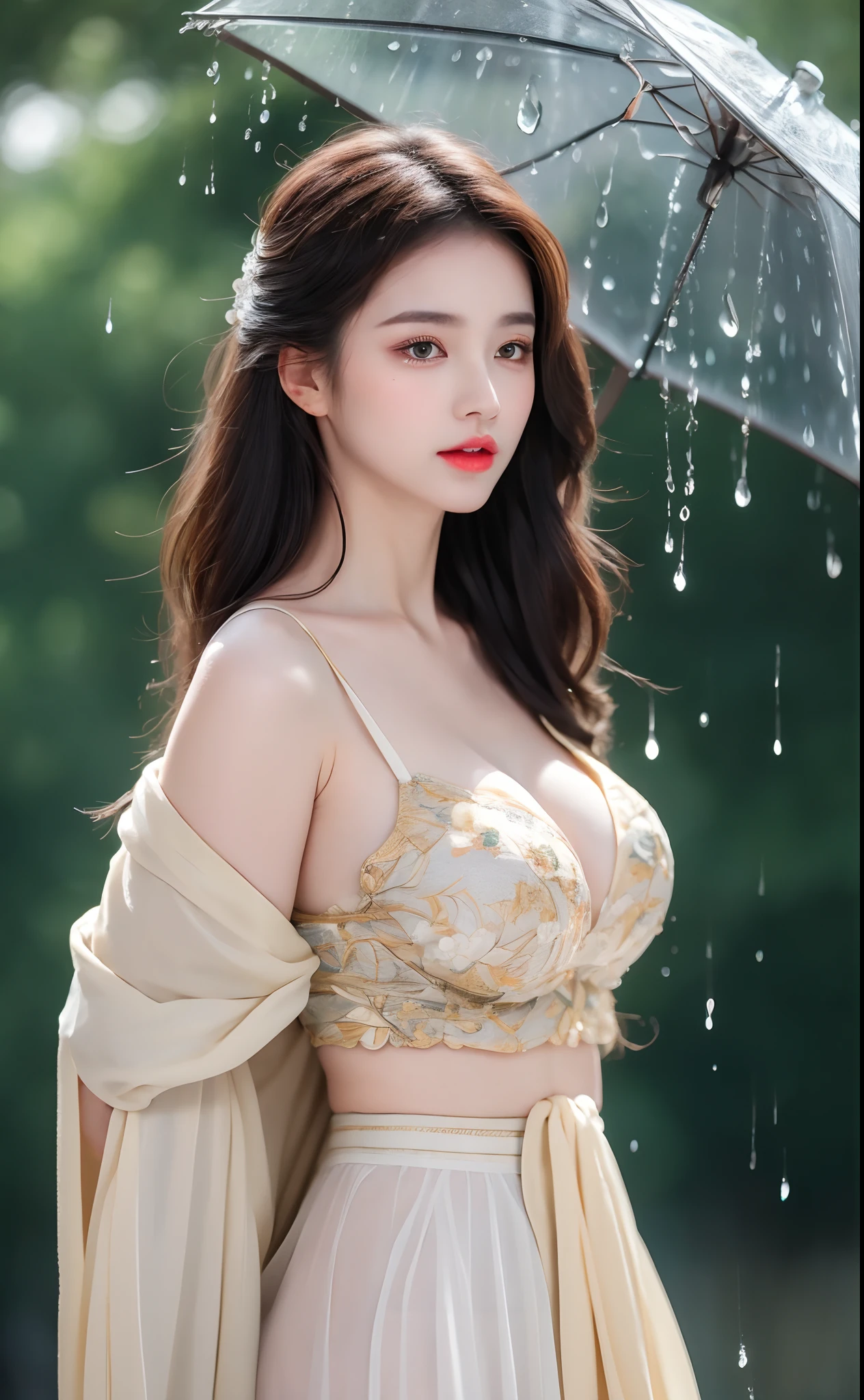 ((Best Quality, 8k, Masterpiece: 1.3)), Focus: 1.2, Perfect Body Beauty: 1.4, Buttocks: 1.2, ((Layered Haircut)), (Wet Clothes: 1.1), (Rain, Street:1.3), (Breasts: 1.2), (Hanfu: 1.2), Bare Shoulders, Bare Legs, Highly Detailed Face and Skin Texture, Fine Eyes, Double Eyelids, Whitened Skin, Long Hair, (Shut Up: 1.5), (Bokeh Background: 1.5), Big Breasts