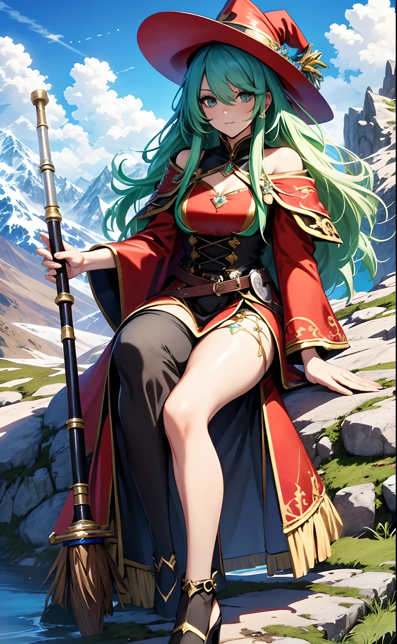best qualityer,tmasterpiece,Ultimate resolution,downy,Extremely colorful,Colorful,Alpine background,Sky flight,Long flowing green hair,The Witch,a matural female,Red magic robe long dress,red high heel pumps,Sit on a magical broom,flight,Normal posture