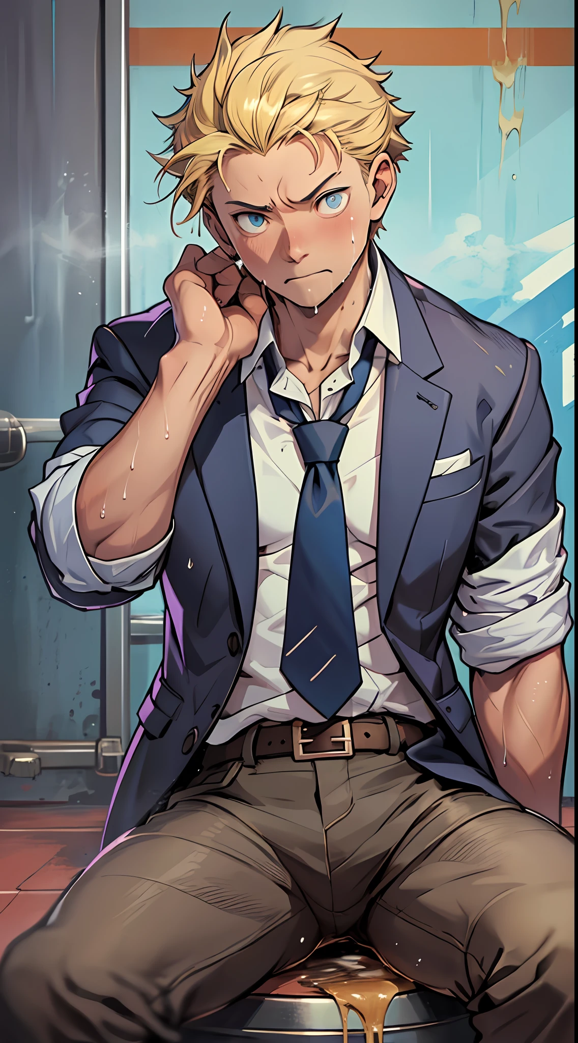 (1 Adult male),A high resolution, Sharp focus, Pixiv masterpiece, ((Complicated details)), highly detailed, natsuki_subaru, 1 man,perfect male figure,Urine on the trouser leg, Nervously bow your head,is shy,embarressed,exhilarated,is shocked,panicking,worry,A pool of urine formed around him,Very eager to pee,Unbearable,Wet yourself,Urine discharge,full bodyesbian,sit astride,Tired,decadent, blue color eyes(eyes glowing), Short yellow hair,white shirt,Wear a tie,Wear a belt,trousers,perspire,Drenched,Get wet,pissing,urine flows down the pants,look from down