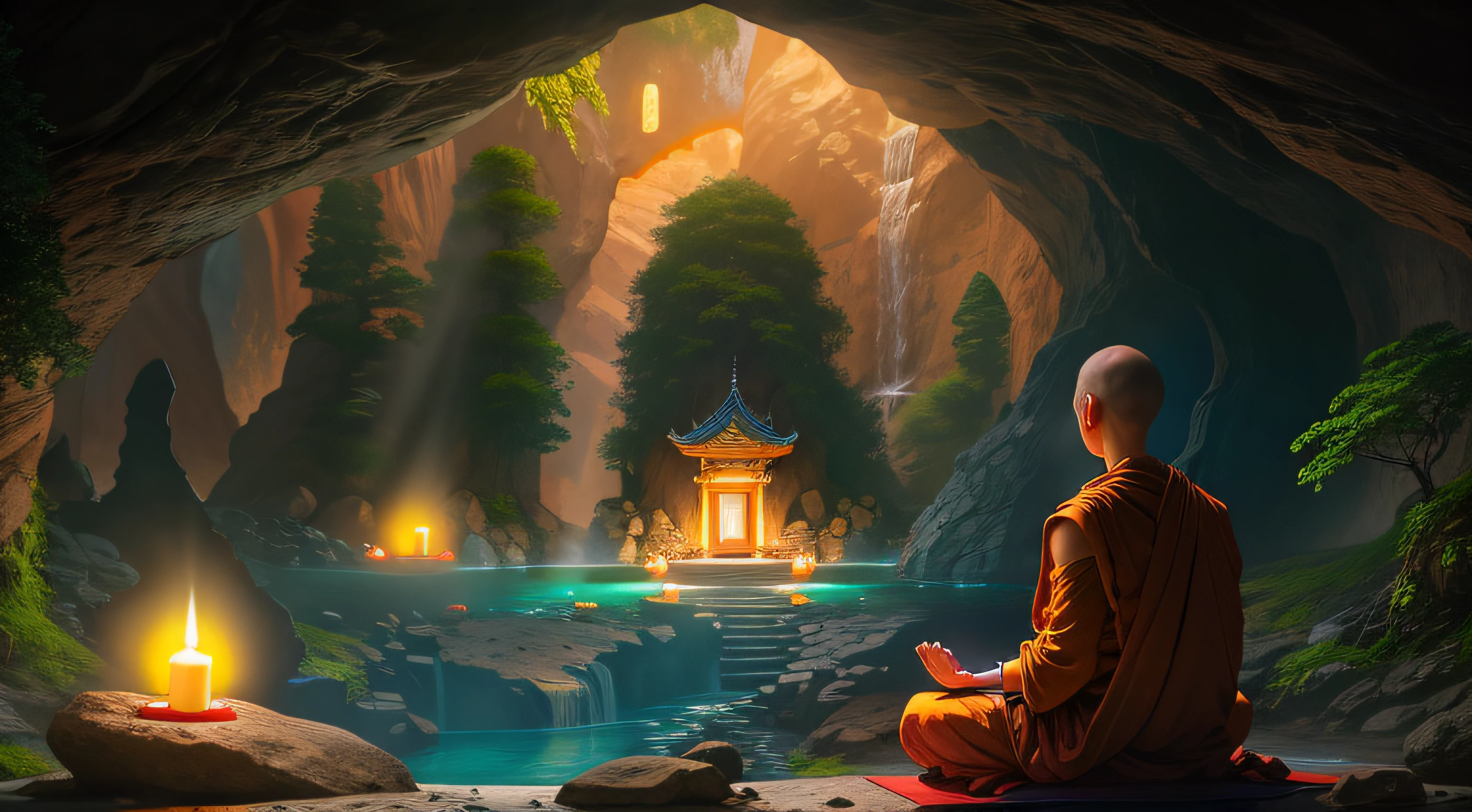 a person sitting in a cave with candles lit up, hindu stages of meditation, monk meditate, meditating, a mystical temple, praying meditating, buddhist monk meditating, glowing temple in the distance, floating in a powerful zen state, buddhism, meditation, buddhist, in a cave with the waterfall, mystical setting, underground temple, mysterious temple setting,