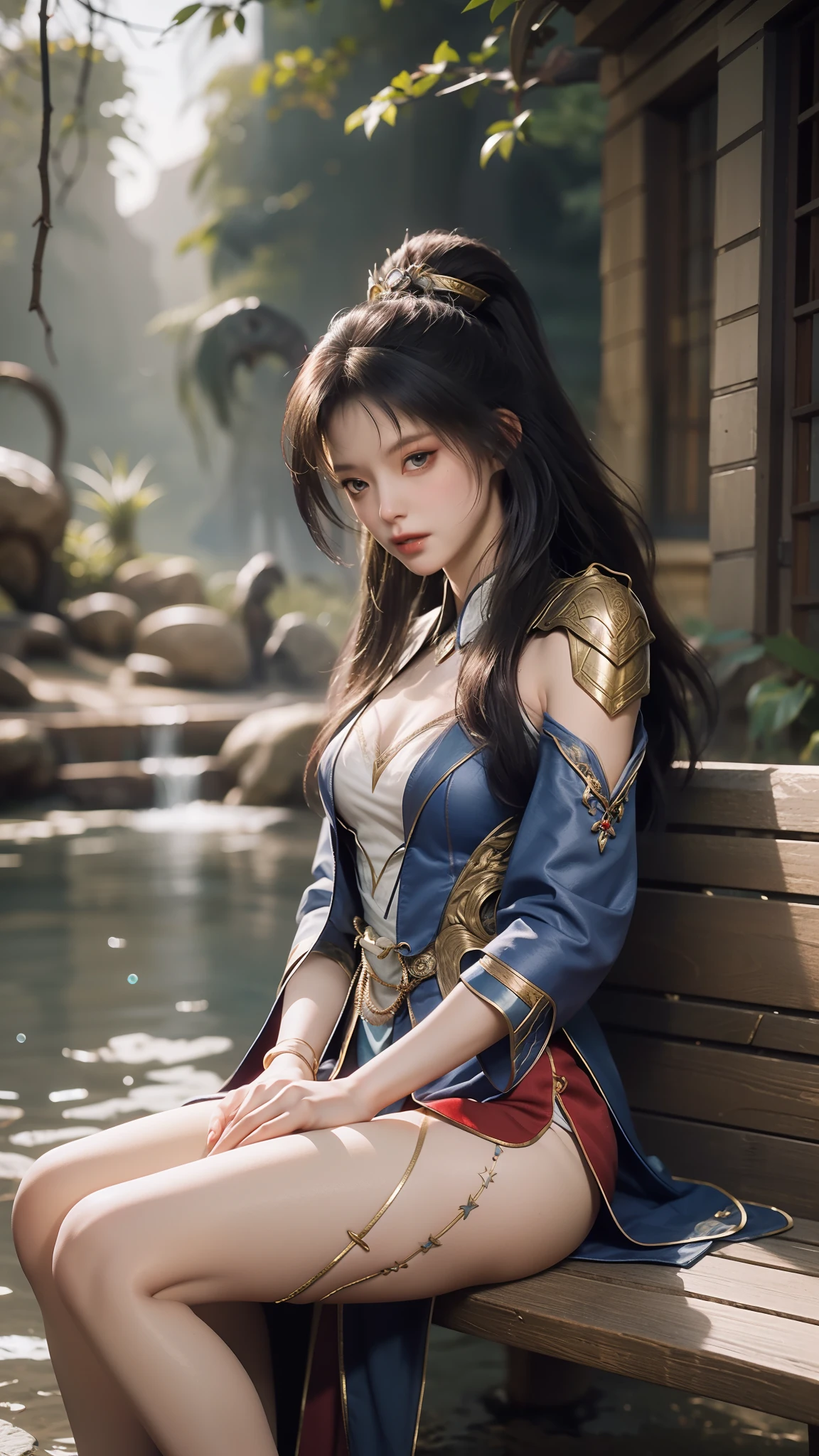 The Araved woman in a dress sits on a red bench by the water, a photorealistic painting inspired by Magali Villeneuve, cgsociety contest winner, Fantasy art, wearing gilded red robes, lady in red armor, wearing gilded red royal robes, Gorgeous Role Play, scarlet witch costume, wearing wizard robes, robe, aly fell and artgerm