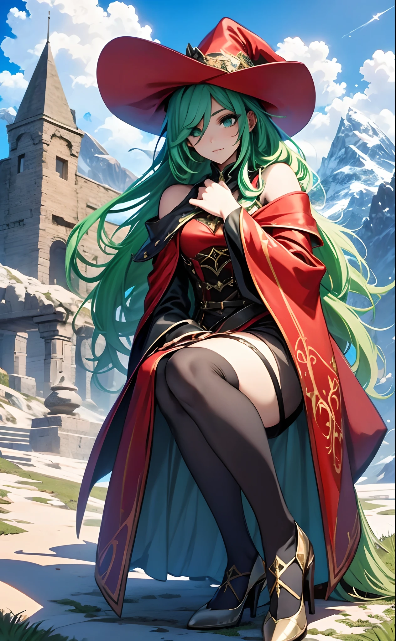 best qualityer,tmasterpiece,Ultimate resolution,downy,Extremely colorful,Colorful,Alpine background,Sky flight,Long flowing green hair,The Witch,a matural female,Red magic robe long dress,red high heel pumps,Sit on a magical broom,flight,Normal posture