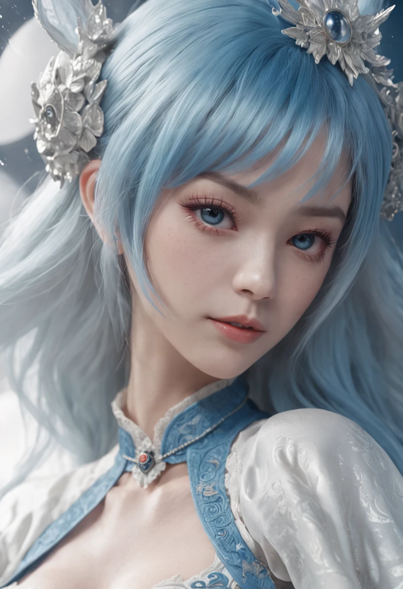 (first person perspective, in a panoramic view,magic realism,surrealism,Chiaroscuro, anime illustration:1.5,,Masterpiece, hyper HD, Super detail, High details, Best quality, A high resolution, A high resolution, Award-Awarded, Award-Awarded, Anatomically correct, 8K),(Delicate anime girl:1.5,blue hairs,Rabbit-shaped headdress:1.5,Gaze at the human moon:1.5,There is a huge satellite suspended in space,A brilliant nebula in the background:1.5),( Chic girl,anatomy correct,Cinematic lighting,senior color matching,Dark background),(Side close-up of 1 delicate girl),(Anime girl with blue hair and blue and white dress:1.2,palaces,hanfugirl,Rabbit-shaped headdress:1.5,Gaze at the top left corner:1.5),(Guviz-style artwork,Guvitz,inspired by Leng Mei,Inspired by Lee Mei Shu,Popular on CGstation,Inspired by Ai Xuan,Blue and white Hanfu,a beautiful fantasy empress:1.5),(A flowing dress,conservative girl,cloud goddess,Flowing blue and white patterned fabric,wearing flowing dress,Realistic)