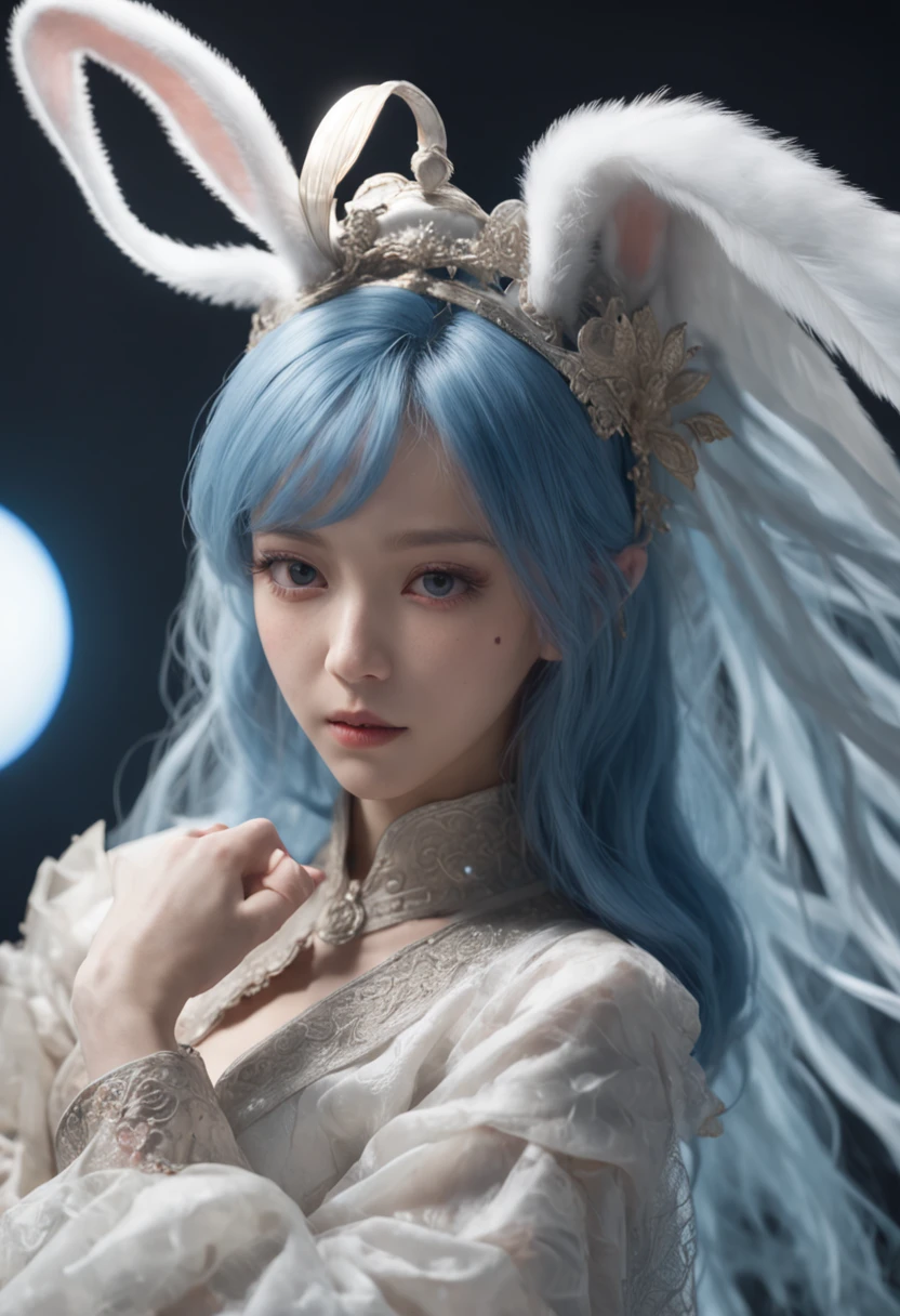 (first person perspective, in a panoramic view,magic realism,surrealism,Chiaroscuro, anime illustration:1.5,,Masterpiece, hyper HD, Super detail, High details, Best quality, A high resolution, A high resolution, Award-Awarded, Award-Awarded, Anatomically correct, 8K),(Delicate anime girl:1.5,blue hairs,Rabbit-shaped headdress:1.5,Gaze at the human moon:1.5,There is a huge satellite suspended in space,A brilliant nebula in the background:1.5),( Chic girl,anatomy correct,Cinematic lighting,senior color matching,Dark background),(Side close-up of 1 delicate girl),(Anime girl with blue hair and blue and white dress:1.2,palaces,hanfugirl,Rabbit-shaped headdress:1.5,Gaze at the top left corner:1.5),(Guviz-style artwork,Guvitz,inspired by Leng Mei,Inspired by Lee Mei Shu,Popular on CGstation,Inspired by Ai Xuan,Blue and white Hanfu,a beautiful fantasy empress:1.5),(A flowing dress,conservative girl,cloud goddess,Flowing blue and white patterned fabric,wearing flowing dress,Realistic)