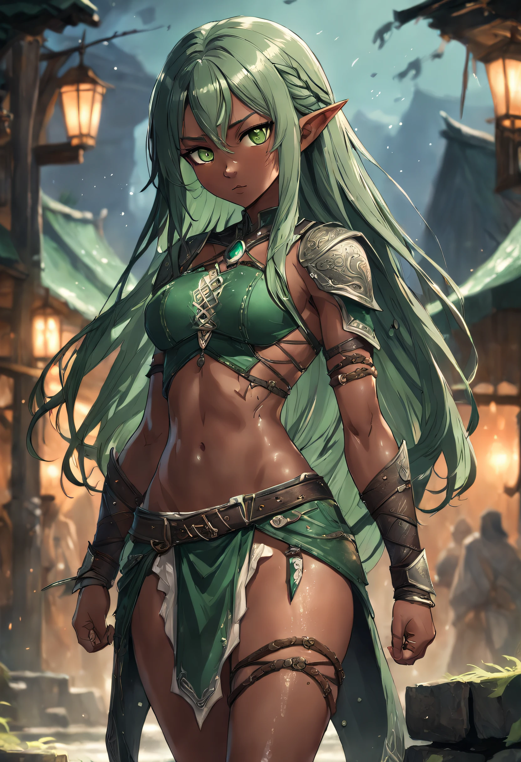1girl, ((medium chest)), (cut abdomen: 1.1), (perfect body: 1.1), (long straight hair: 1.2), ((braided long green hair)), ((Green eyes)), ((eyes emitting a green glow)), full body, elf, dark skin, wearing extremely detailed and richly detailed sewn and beaten antique leather breastplate, richly detailed stitched antique leather shorts, wide belt drooping on the side, heavily scarred body highlighted and detailed, image portraying an elven warrior after battle some scratches, marks on the body, very serious and concentrated expression wandering the riverbank. (((Huge, overly detailed and heavily battle damaged sword))). (extremely detailed 8k CG wallpaper), (extremely delicate and beautiful), (masterpiece), (best quality: 1.0), (ultra high resolution: 1.0), beautiful lighting, perfect lighting, realistic shadows, [high resolution ], detailed skin, ((skin texture)), super detailed