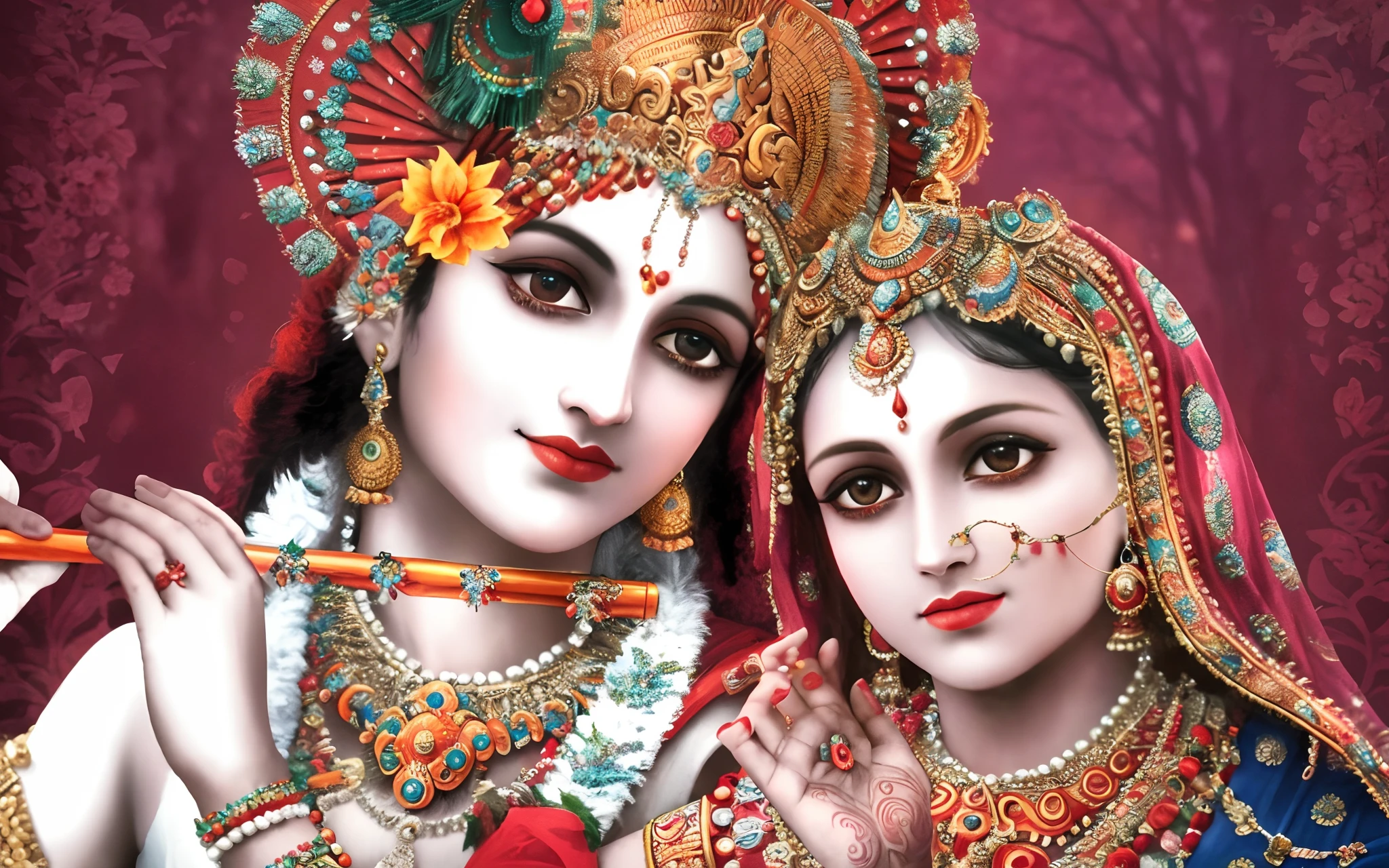 a close up of two women in traditional clothing with a red background, hindu gods, hindu art, beautiful godrays, indian god, from ramayan, indian art, eye level view, hindu god, vishnu, devainart, digitally enhanced, beautiful image, hindu aesthetic, attractive male deity, profile pic, hinduism, version 3, full of colors and rich detail