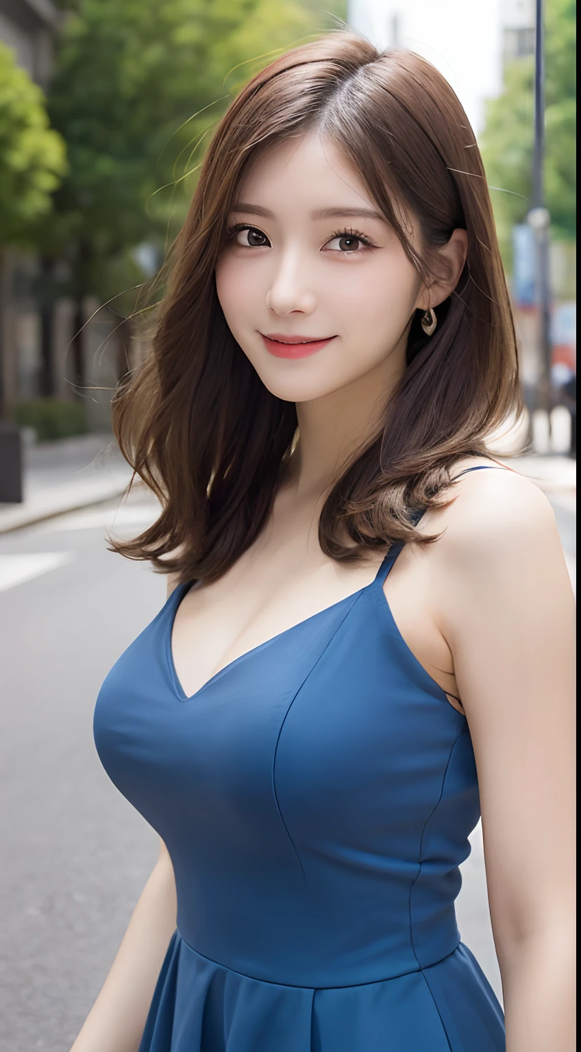 masutepiece, Best Quality, Illustration, Ultra-detailed, finely detail, hight resolution, 8K Wallpaper, Perfect dynamic composition, Beautiful detailed eyes, summer dress,Medium Hair, Big breasts, Natural Color Lip, Random and sexy poses,Smile,Aoyama Street Walk、20 years girl